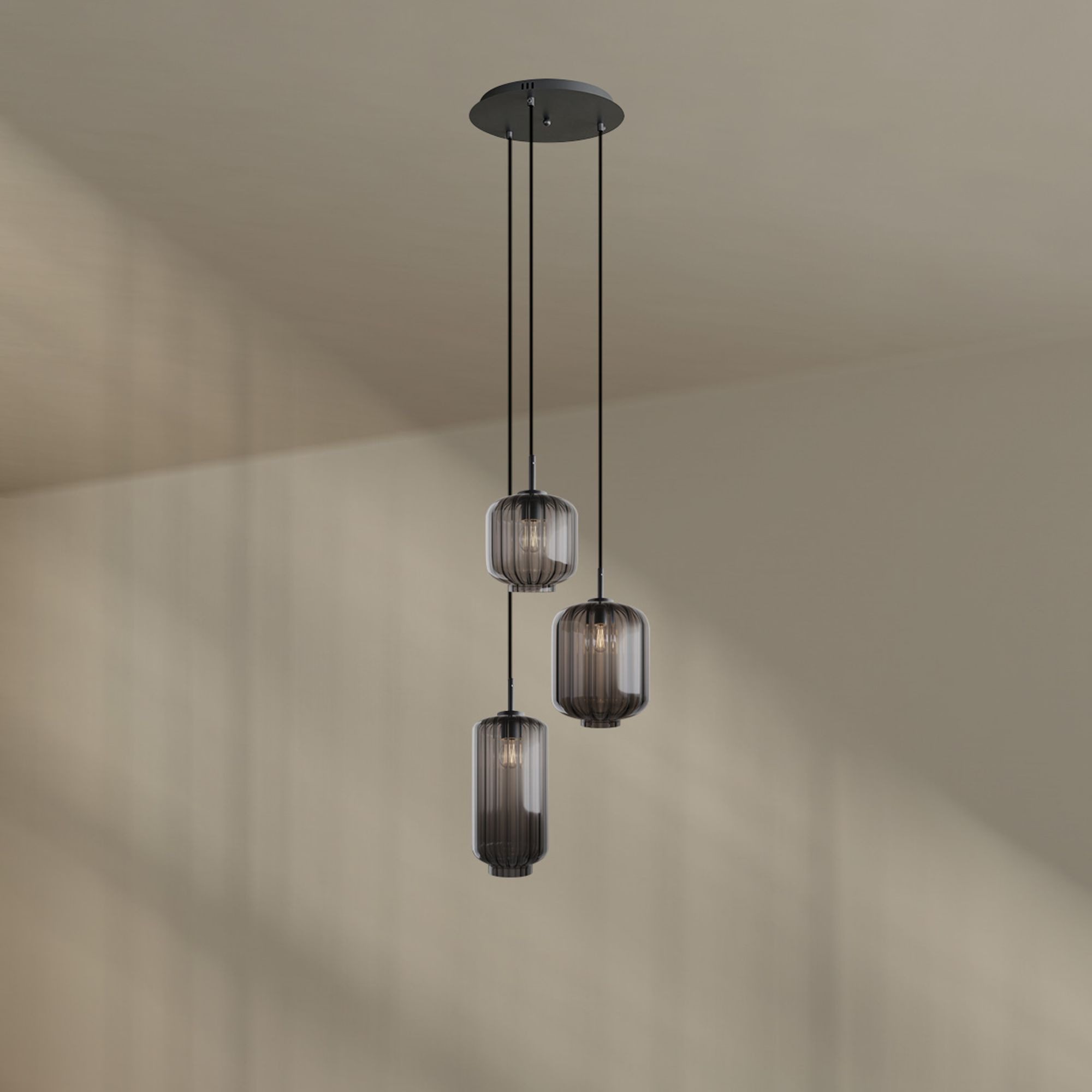 Pendelleuchte Velo Galerieleuchte 3-flg Ø40cm Baldachin Ø18/20/25cm Rauch