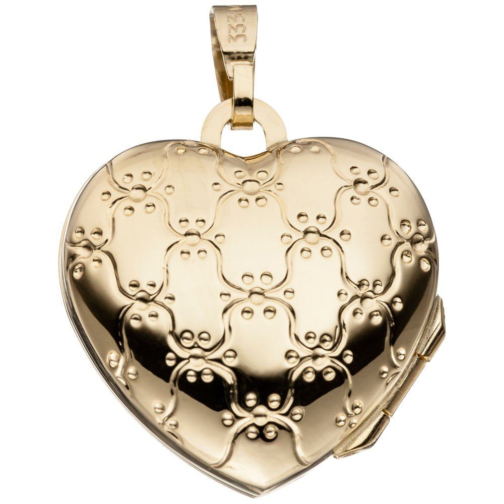 Herz Kettenanhänger Amulett Gelbgold Medaillon 333 333 Krone Damen, Gold Schmuck Öffnen mattiert Anhänger zum Gold
