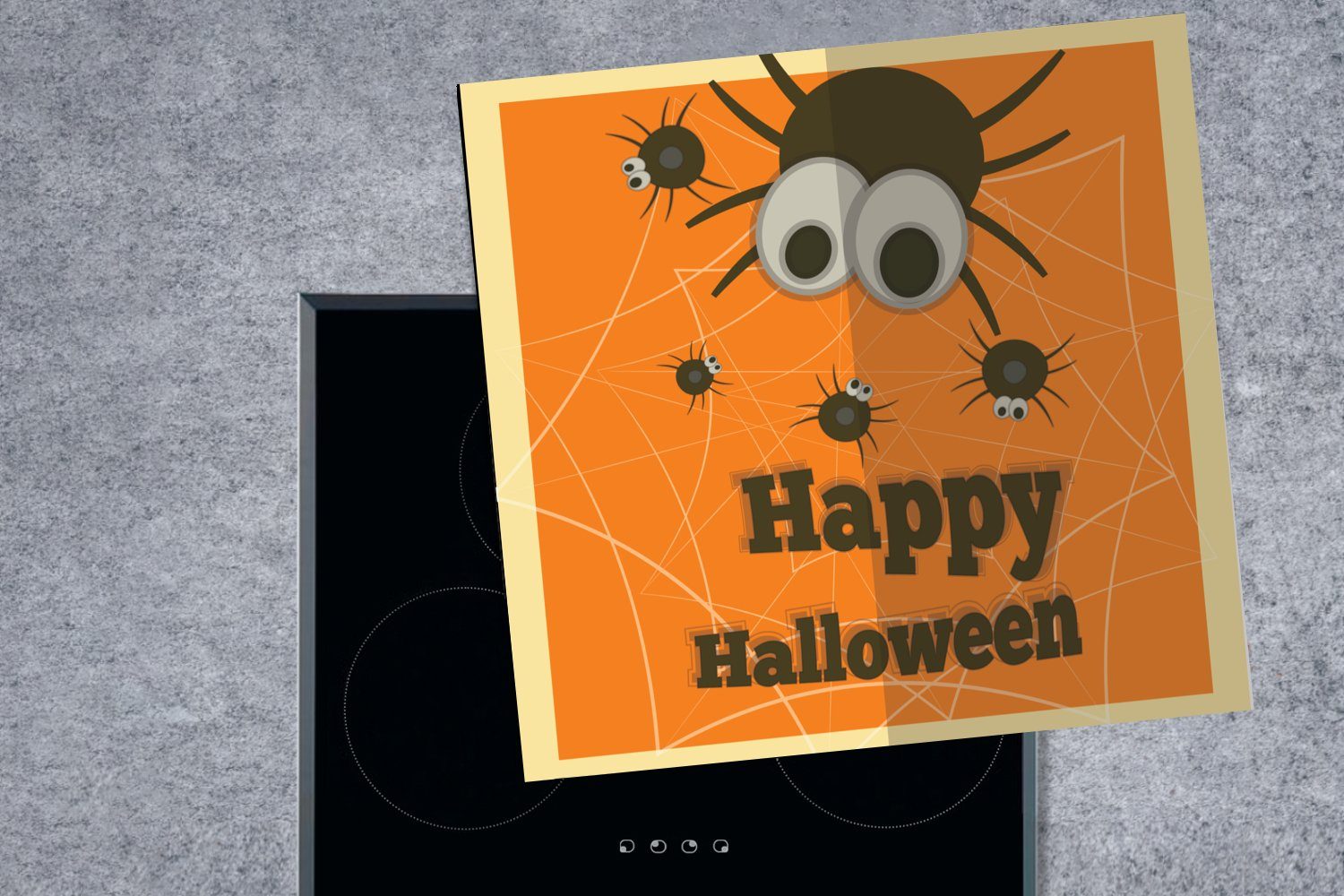 MuchoWow Herdblende-/Abdeckplatte Happy Halloween" mit für cm, küche Ceranfeldabdeckung, großäugigen (1 Vinyl, tlg), Arbeitsplatte 78x78 Spinnen