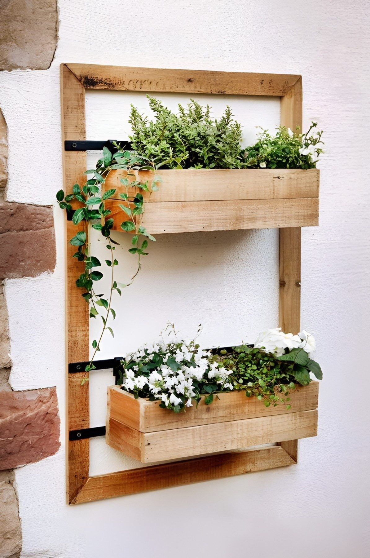 Dekoleidenschaft Blumenkasten "Industrial" aus Holz mit 2 Pflanzkästen, Pflanzenkasten, Balkonkasten, Wandregal mit Blumenkübel, Pflanzenhalter, Wandpflanzer, Blumenregal