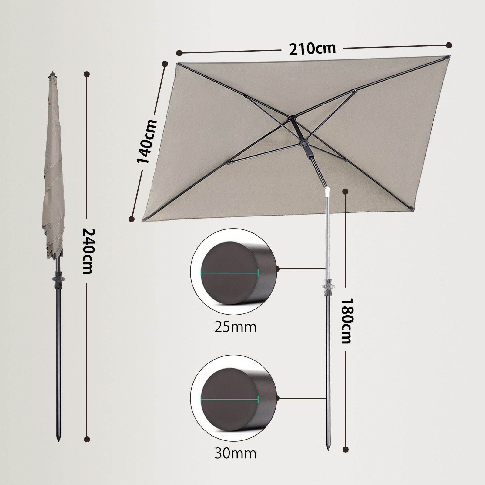 Sekey Sonnenschirm Rechteckig Höhenverstellbar Balkonschirm Knickbar, mit Schutzhülle, LxB: 210,00x140 cm, Sonnenschutz UPF50+, Kippbar, Höhenverstellbar Sonnen – Bild 2 von 5