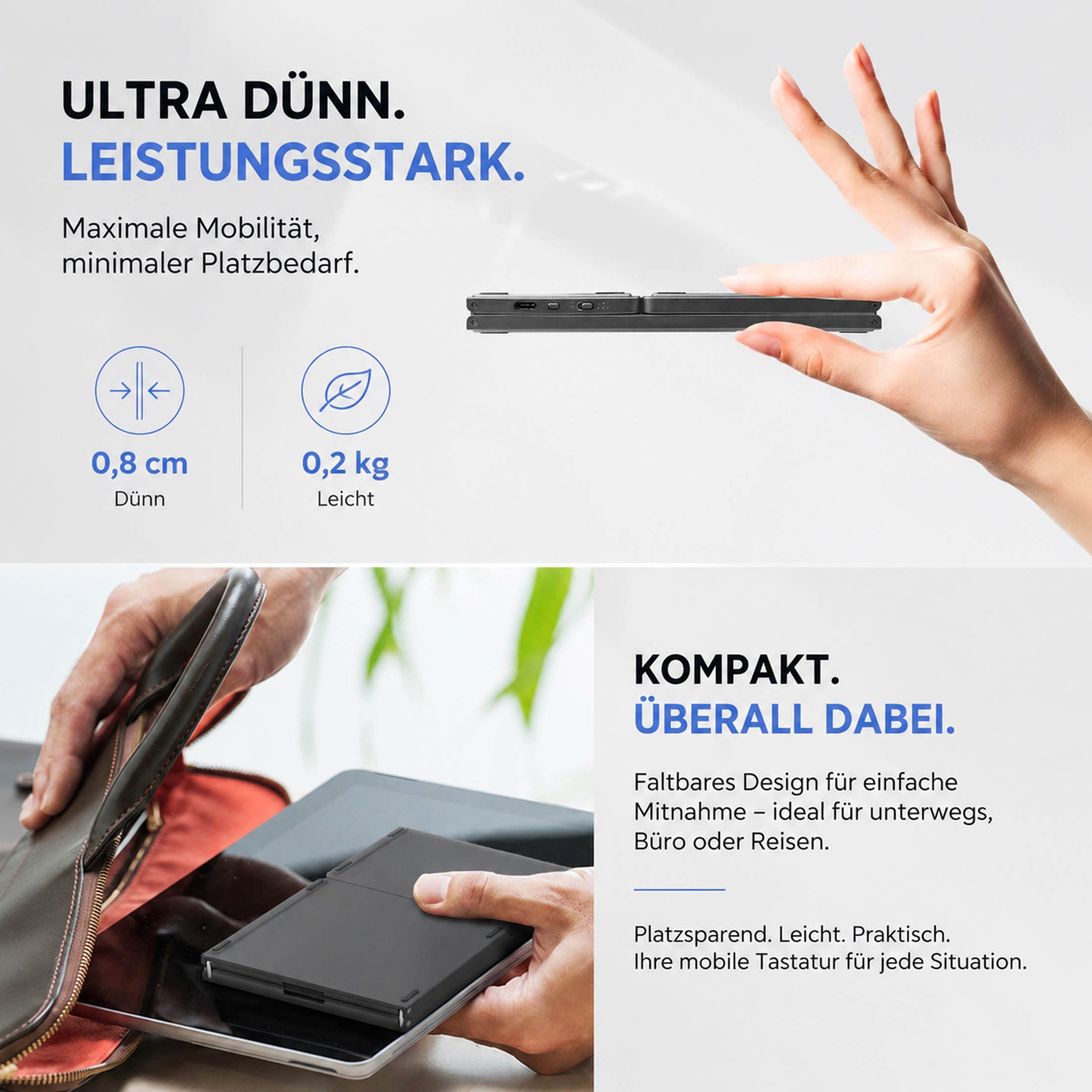 KINSI Faltbare Bluetooth Tastatur, kabellos mit Touchpad, Multi Gerät Wireless-Tastatur (Bluetooth 5.0 Verbindung für drei Geräte gleichzeitig)