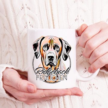 Cadouri Tasse RIDGEBACK FRAUCHEN - Kaffeetasse für Hundefreunde, Keramik, mit Hunderasse, beidseitig bedruckt, handgefertigt, Geschenk, 330 ml