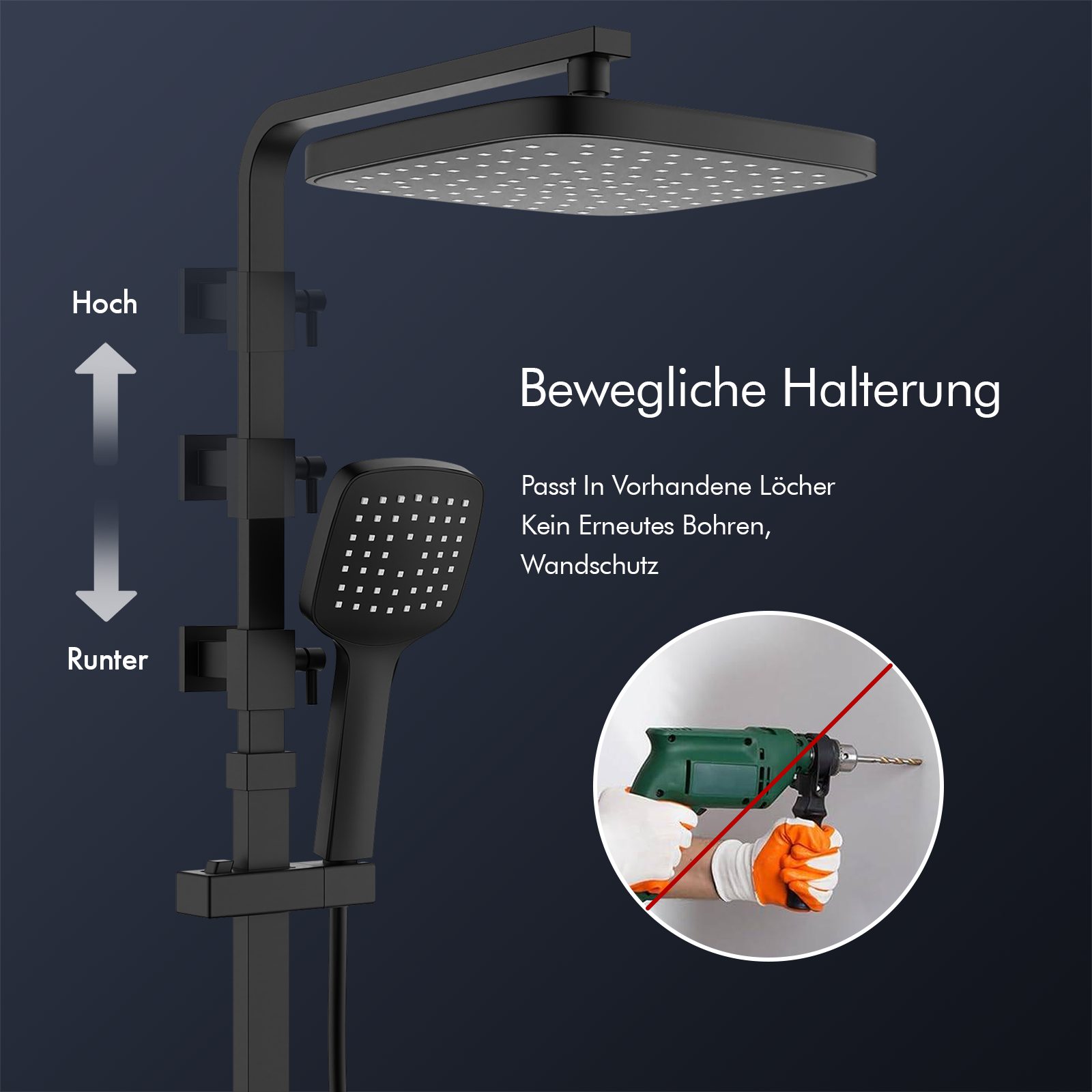 HOMELODY Duschsystem mit Thermostat & Duschablage- Duscharmatur Komplettset, 2 Strahlart(en), Hand- & Kopfbrause, höhenverstellbar, 38 °C Sicherheitssperre – Bild 5 von 5