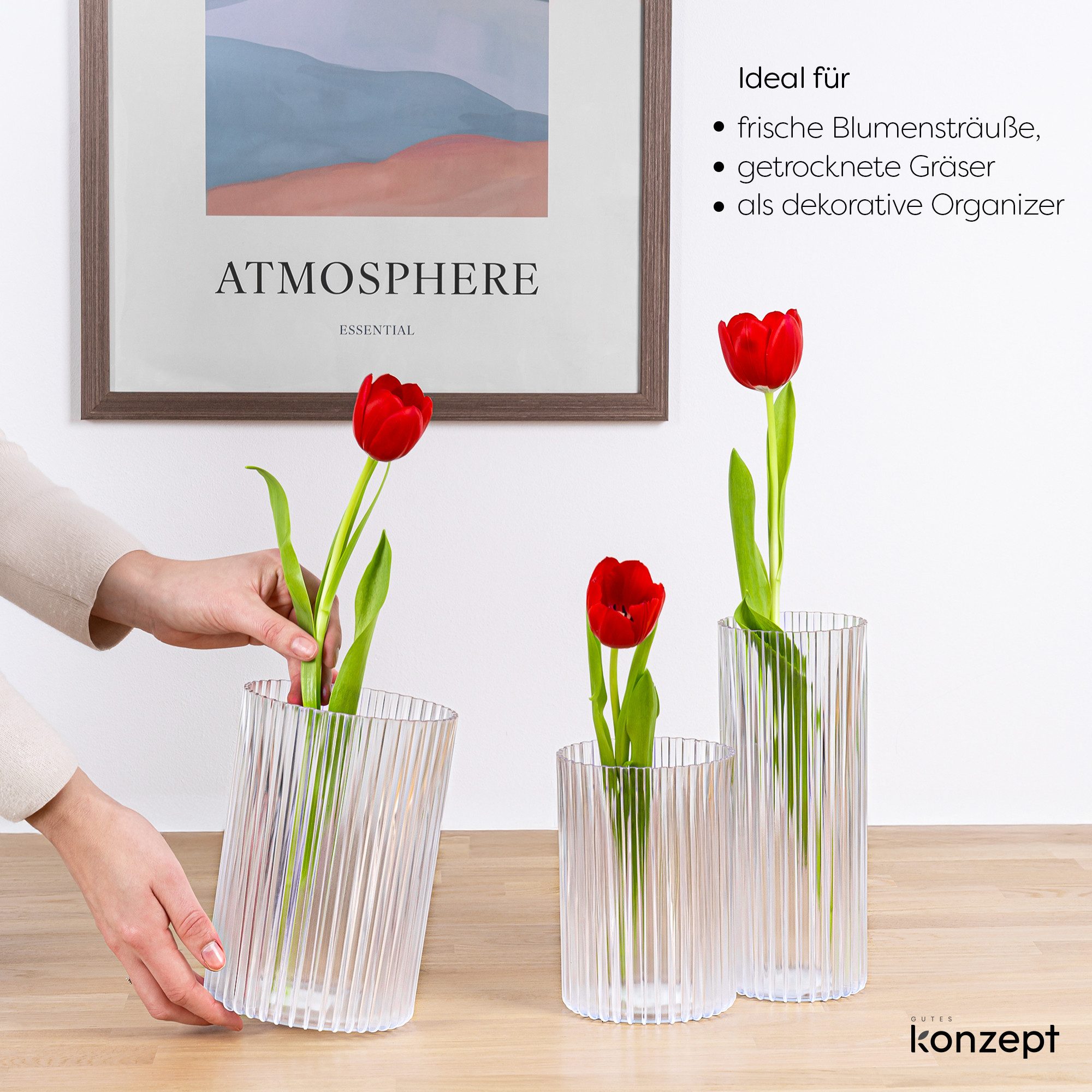 KONZEPT Dekovase 3er Set aus Kunststoff (12,3x17,8/10,3x14,8/8,8x21,7 cm), Stapelbar. Geriffelte Struktur, Leicht, UV-beständig – Bild 4 von 5
