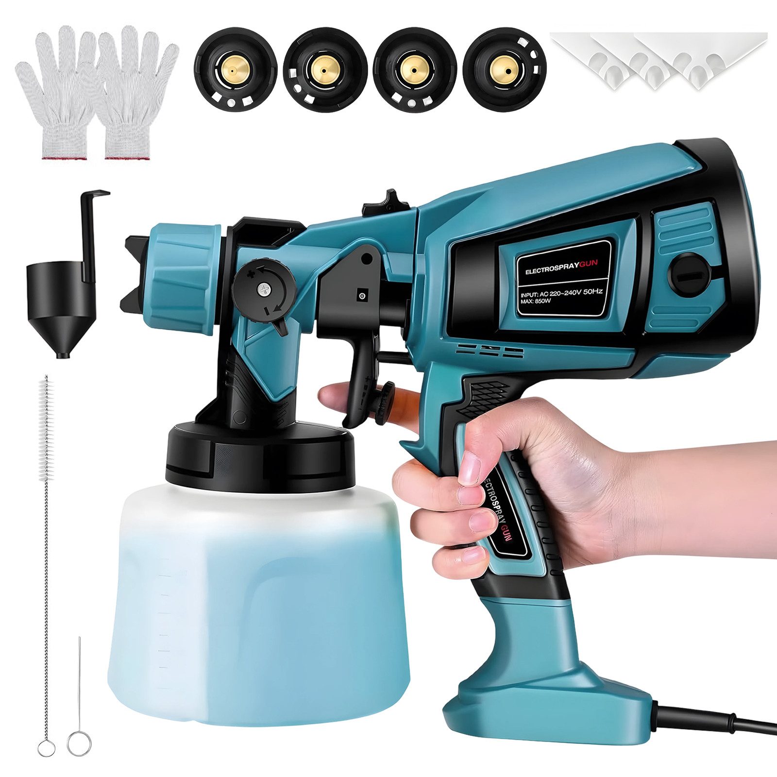AKKEE Farbsprühpistole Elektrisches Farbsprühsystem, 1400ml 850W Elektro Lackierpistole, 4 Kupferdüse und 3 Muster,für den Innen- und Außenbereich