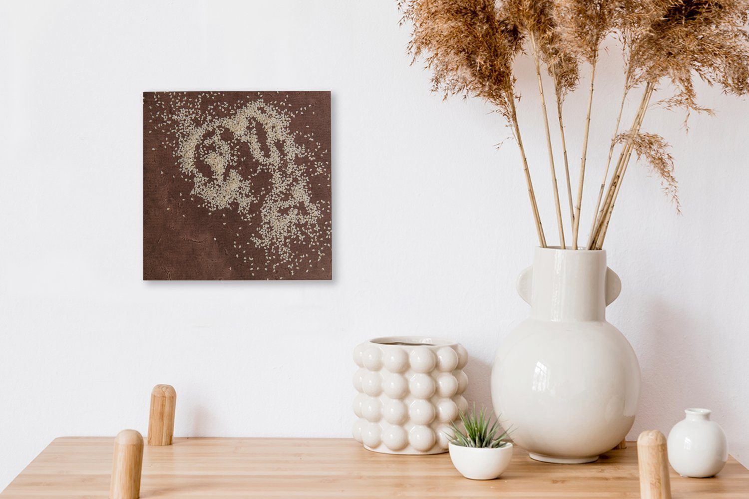 (1 Leinwand Schlafzimmer mit auf OneMillionCanvasses® St), für Wohnzimmer dem Bilder Sesamsamen Braune Tisch, Leinwandbild Oberfläche