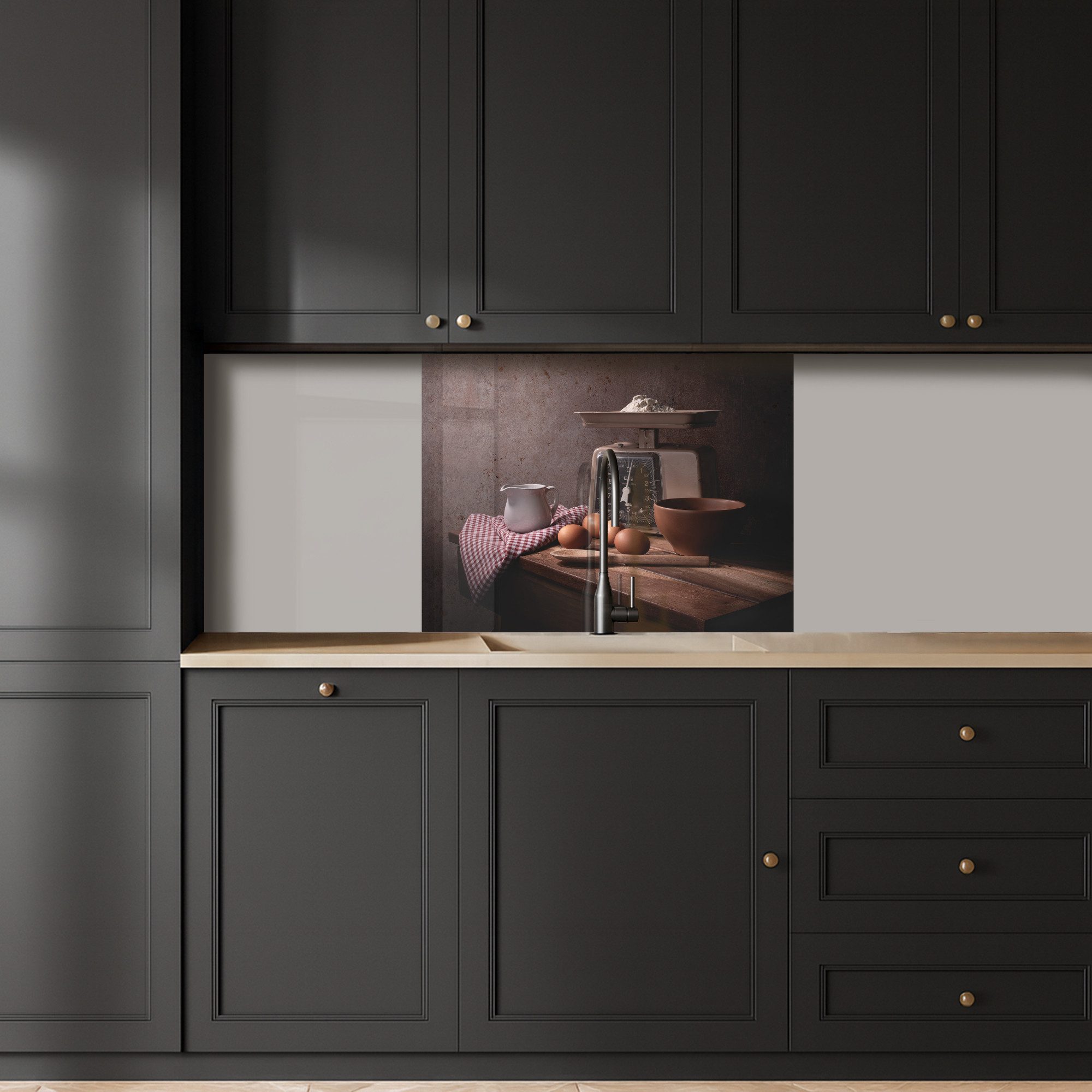 KitchenYeah Küchenrückwand selbstklebend Stilleben - Kochen - Waage - Eier - Küche, (1-tlg), Spritzschutz, Küche, Rückwand, Küchenwand, Küchenfront, 80x60 cm