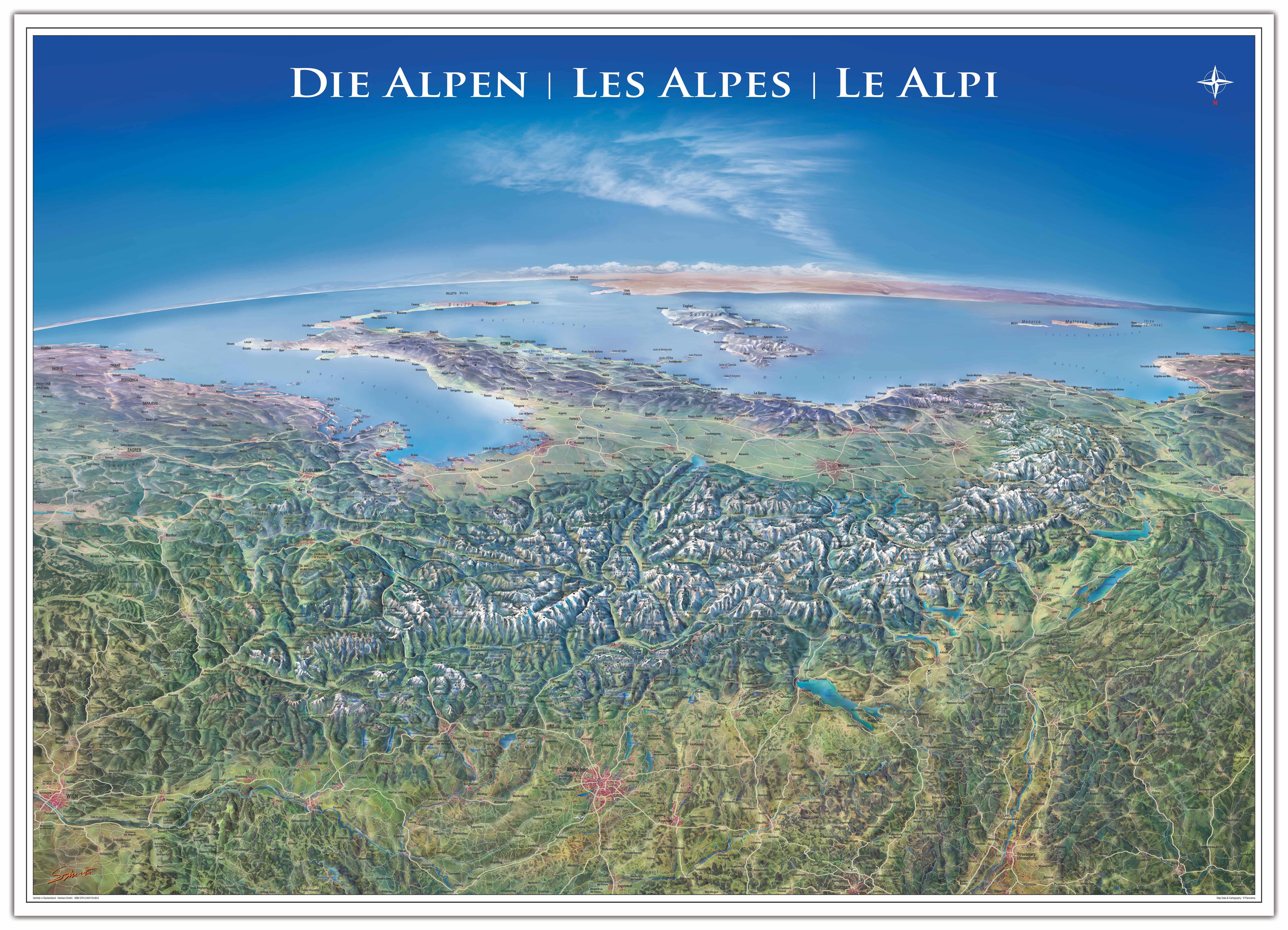Interkart Landkarten & Globen GmbH Poster Alpen Karte XL - Panorama Karte Alpen - Gezeichnetes Relief - Deutsch, Poster, Wandbild