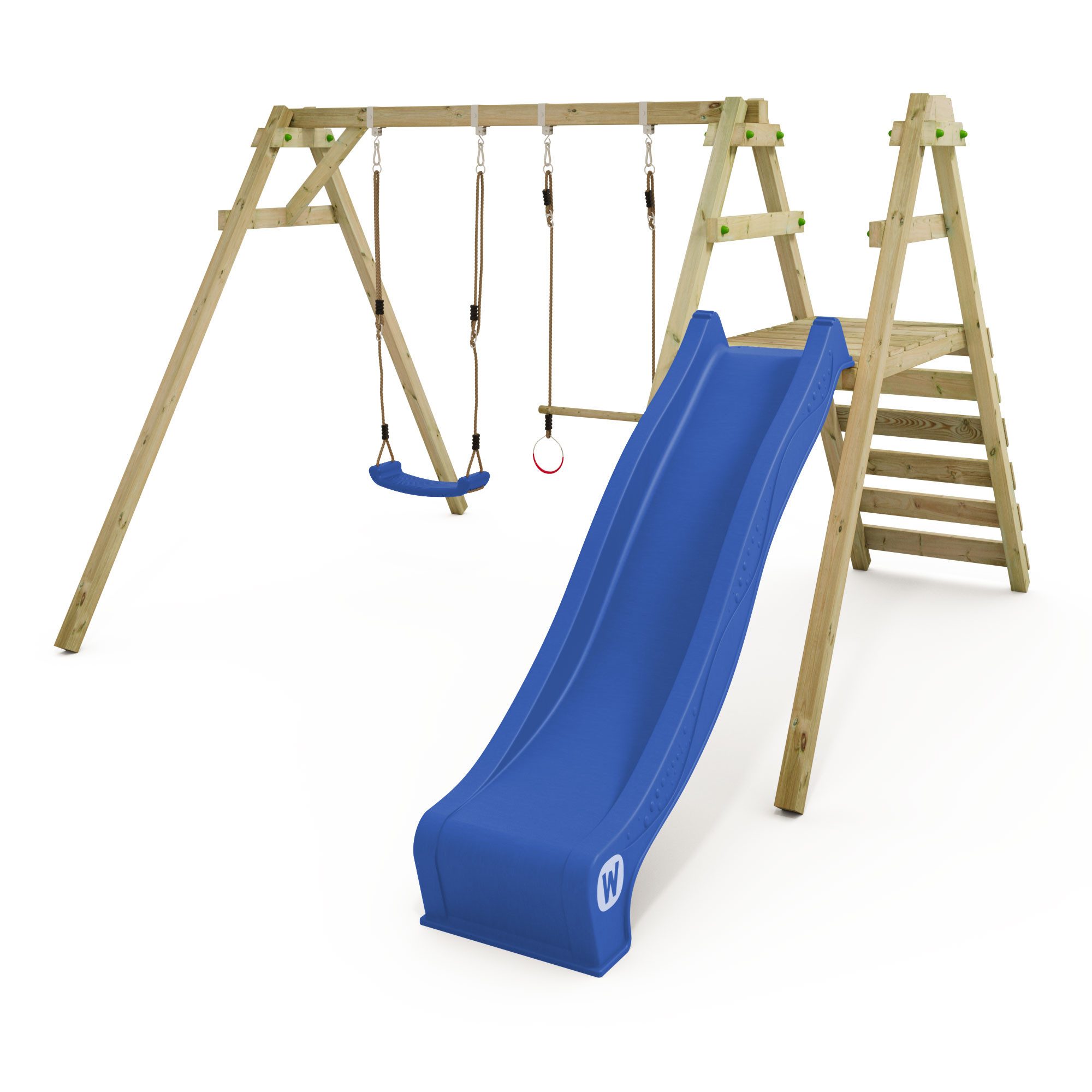 Wickey Doppelschaukel Smart Dash – Gartenschaukel mit Rutsche, Ringen & Trapez für Kinder, (Holzschaukel - Wickey Zubehör flexibel nachrüstbar, Kinderschaukel - Fördert Gleichgewicht, Kraft & Koordination), Wetterfestes Massivholz – pflegeleicht mit 10-Ja