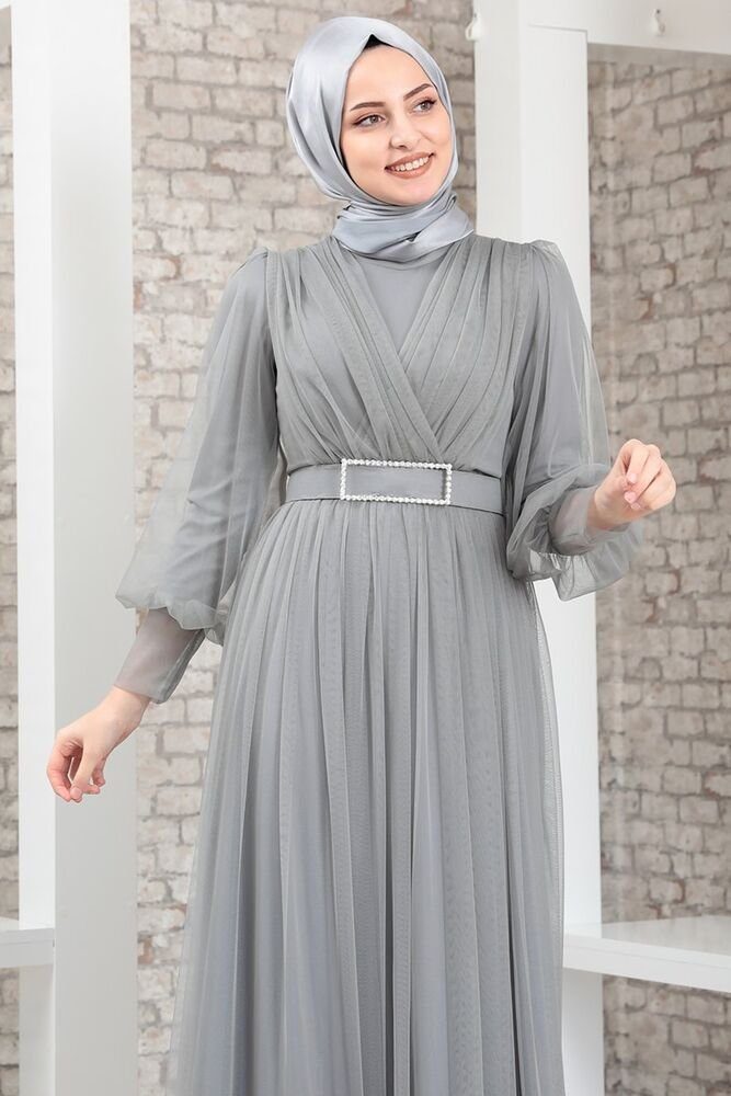 Gürtel Hijab Abendkleid mit Modavitrini Grau Damen langärmliges Abiye Kleid Abaya Maxikleid Tüllkleid