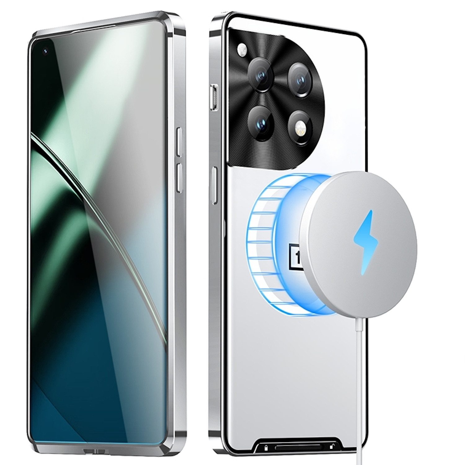 Wigento Handyhülle Für OnePlus 12 Magnetische Magsafe Metall Design Schutz Hülle Silber, MagSafe Metall Handyhülle mit erhöhter Schutzkante