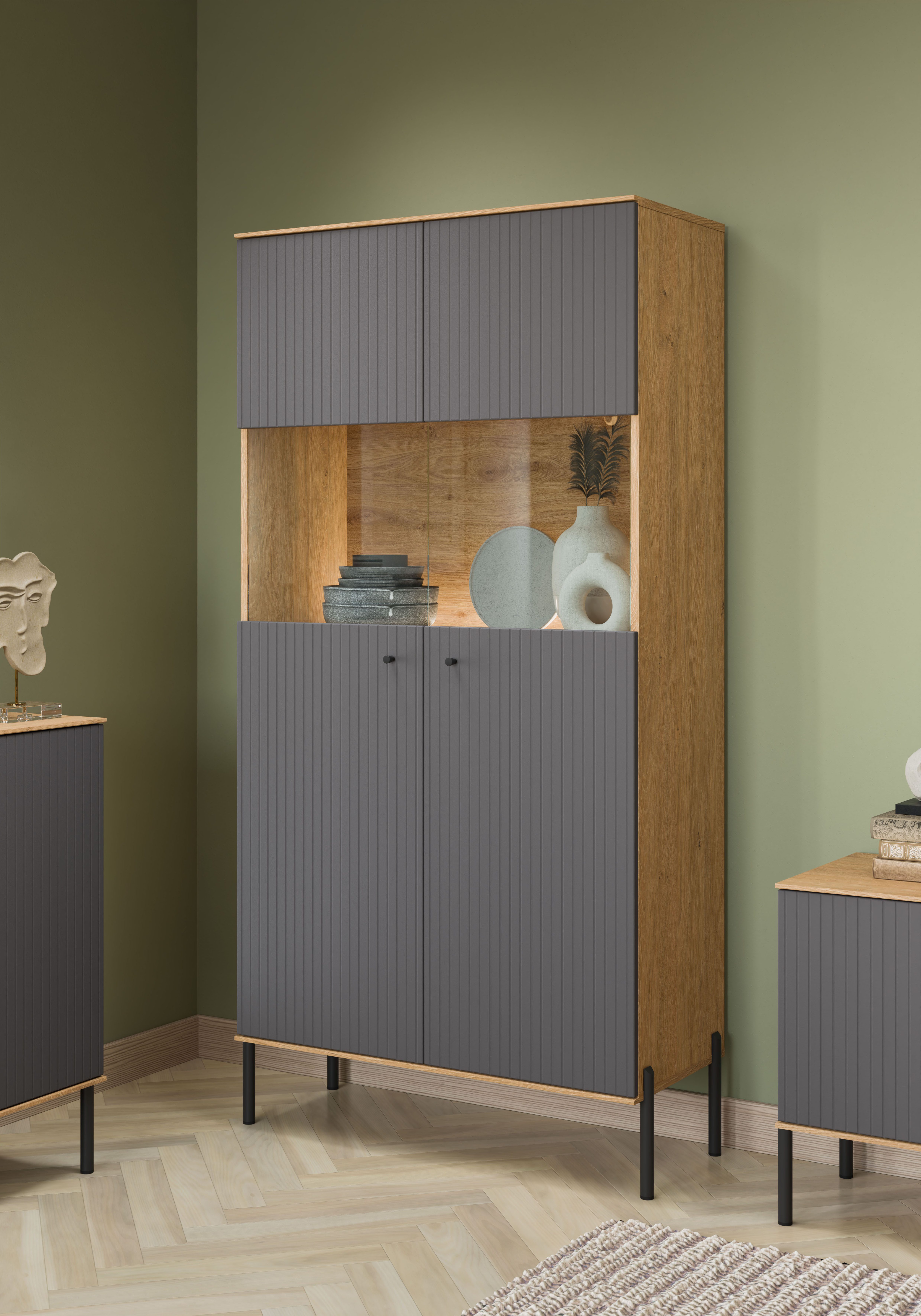 OTTO home Vitrine Nursia Vitrine, Breite 90 cm, mit geriffelten Fronten, auf Metallfüßen