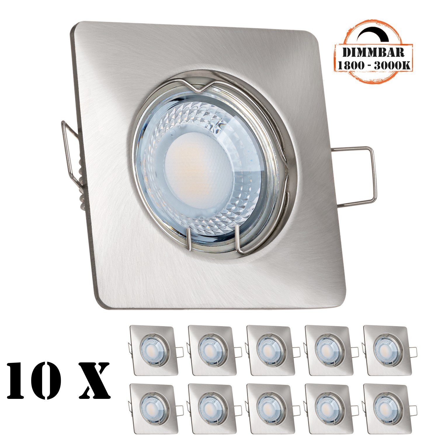 LEDANDO Einbaustrahler gebürste Set silber edelstahl 10er LED in flach LED / extra Einbaustrahler
