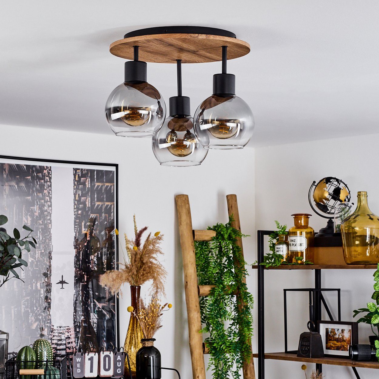 hofstein Deckenleuchte »Canove« Deckenlampe, Metall/MDF/Glas, Schwarz/Holzoptik/Rauchfarben, ohne Leuchtmittel, E27, Moderne Leuchte