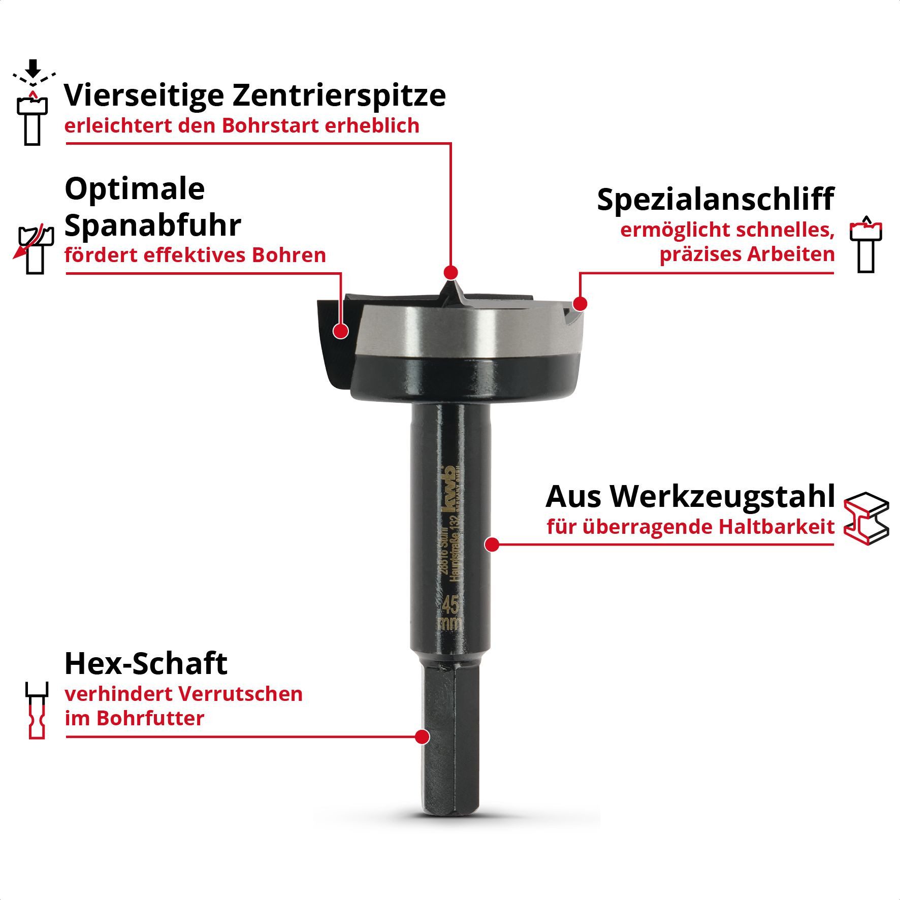 kwb Bohrer- und Bit-Set kwb Forstnerbohrer, Ø 45 mm, Topfbohrer (für Holz, geschmiedeter Bohrk, Forstnerbohrer Ø 45 mm, Topfbohrer (für Holz, geschmiedeter Bohrkopf)