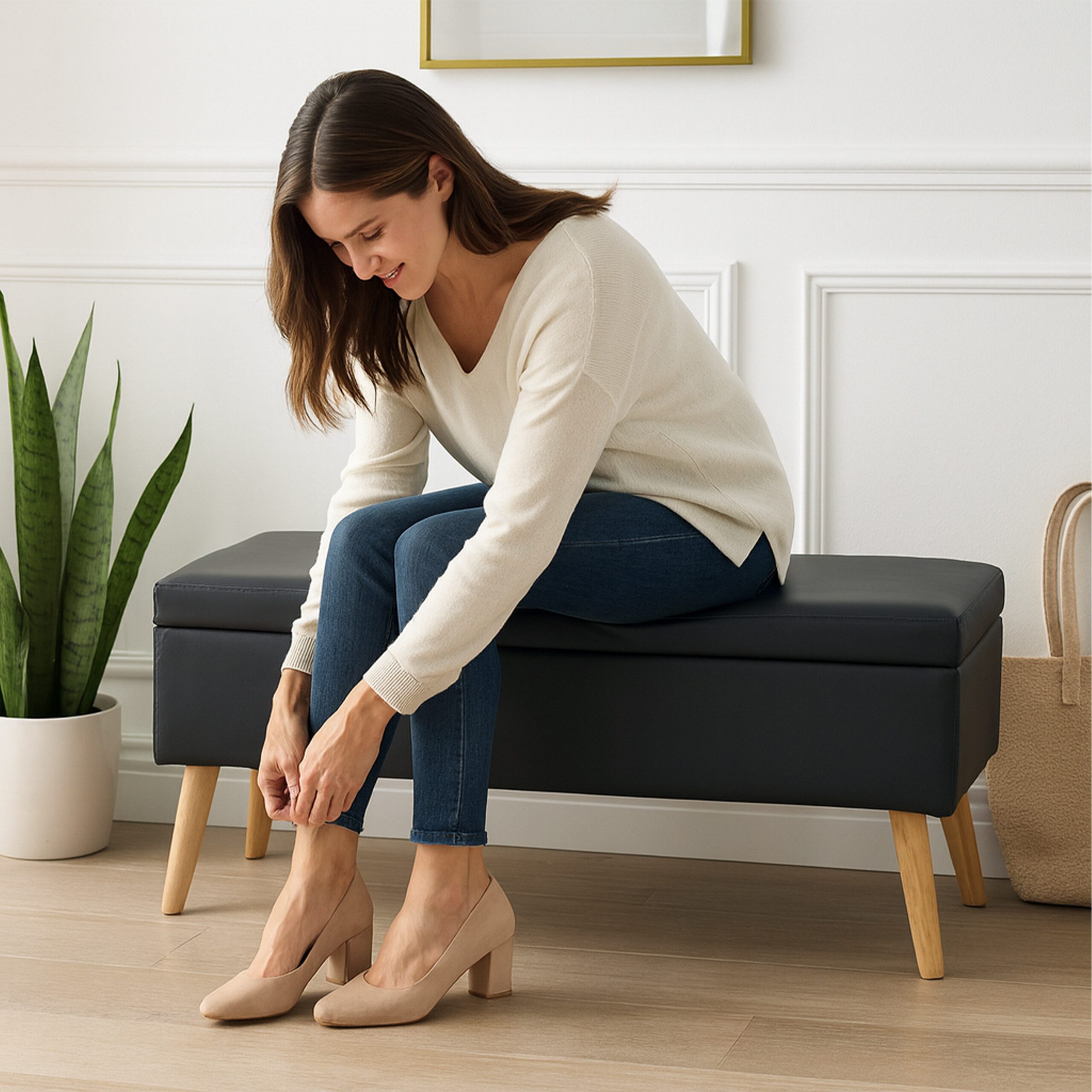 relaxdays Sitzbank mit Stauraum Kunstled, schwarz