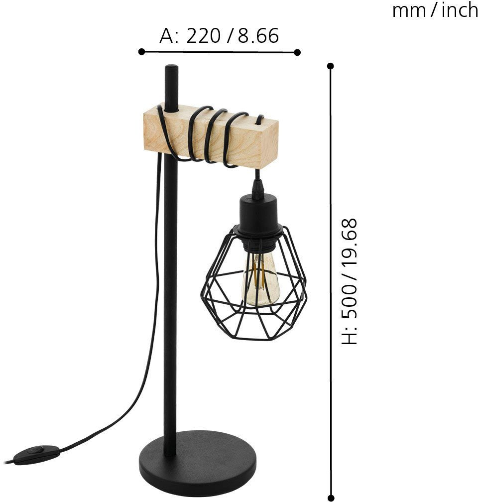 EGLO Tischleuchte TOWNSHEND 5 Tischlampe, Stahl und Holz, E27, IP20, Nachttischlampe, Ein-/Ausschalter, ohne Leuchtmittel, Tischleuchte, L22 x B15,5 x H50 cm, schwarz, braun, 1X60W exkl.