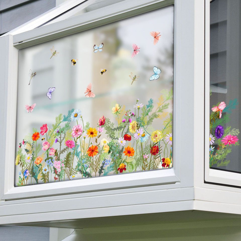 Agger Fenstersticker Herabfallende grüne Blätter Fensterfolie, dekorative Fensteraufkleber, Schaufensterfolie, grüne Fensterfolie, selbsthaftend ohne Klebstoff