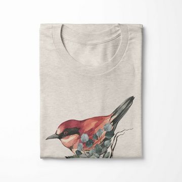 Sinus Art T-Shirt Herren Shirt Organic T-Shirt Aquarell Motiv kleiner Vogel Blumen Bio-Baumwolle Ökomode Nachhaltig F (1-tlg)