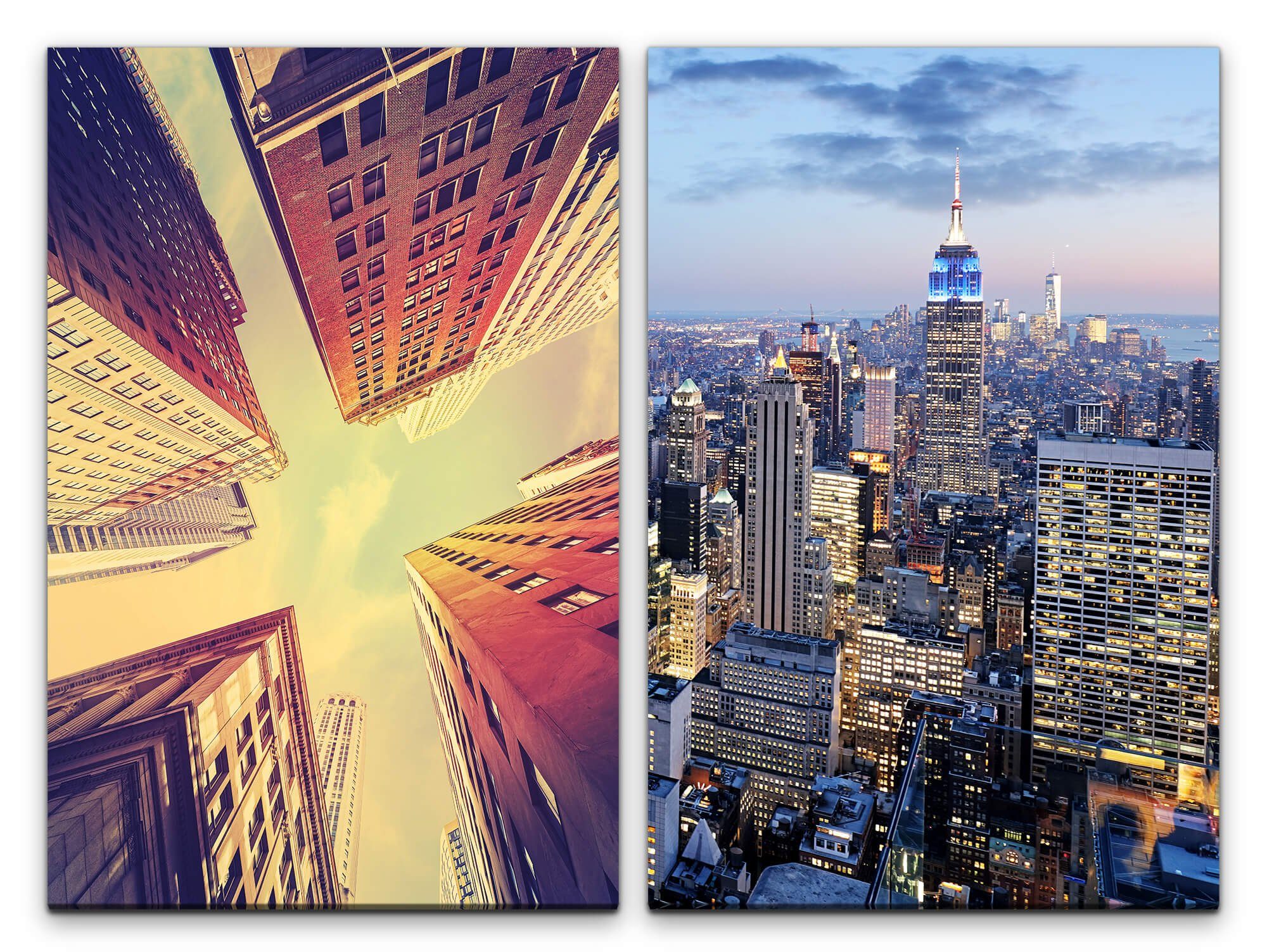 Sinus Art Leinwandbild 2 Bilder je 60x90cm Wolkenkratzer Großstadt Architektur Hochhäuser Skyline Abenddämmerung Mega City