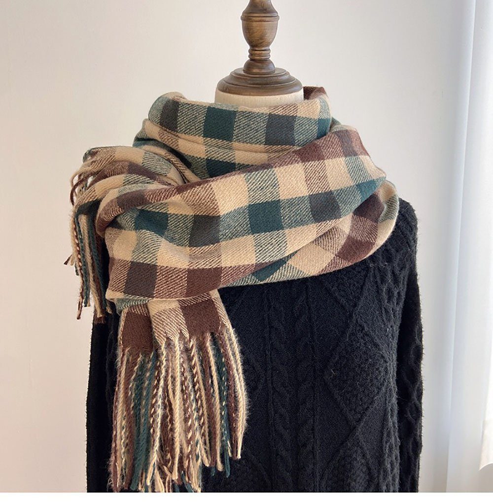 Buling Modeschal Mode-Design-Schal Mit Quaste, ausgewählte kalt, Farben Wollimitat, und grün warm Schachbrettmuster, (200*70cm)