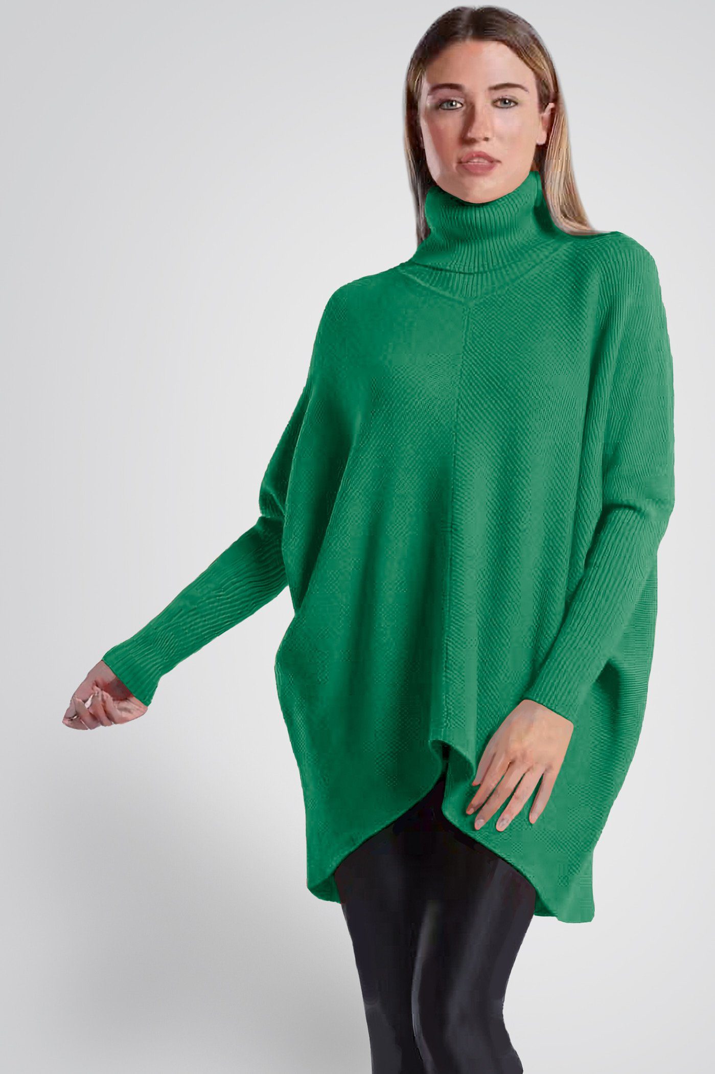 PEKIVESSA Longpullover Oversized langer Rollkragenpullover Damen Fledermausärmel (1-tlg) hinten länger smaragdgrün