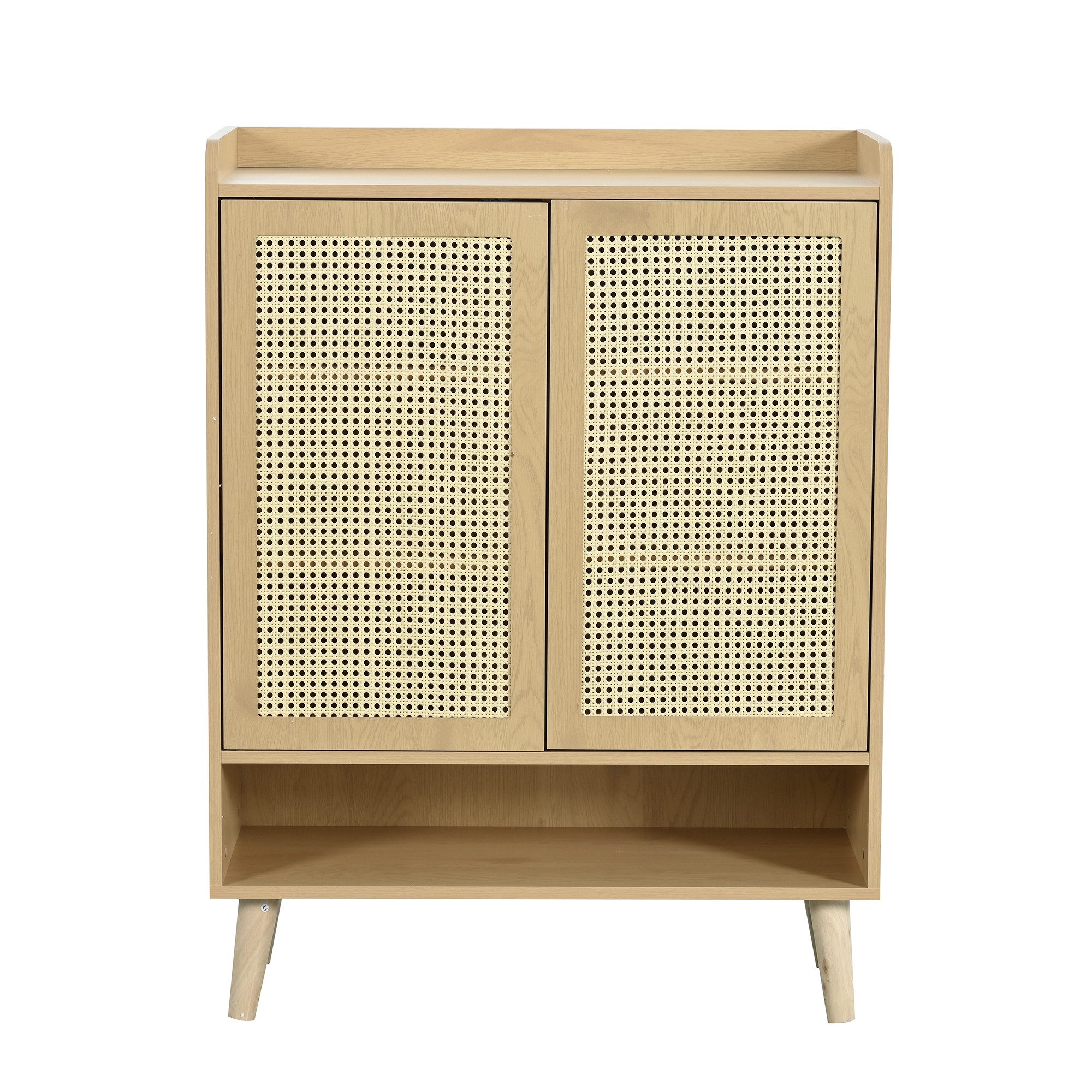Flieks Schuhschrank mit Doppeltüren aus Rattan und Massivholzbeinen (1-St., B80/H105/T35 cm) Schuhkommode Mehrzweckschrank Schuhregal Holzoptik Natur
