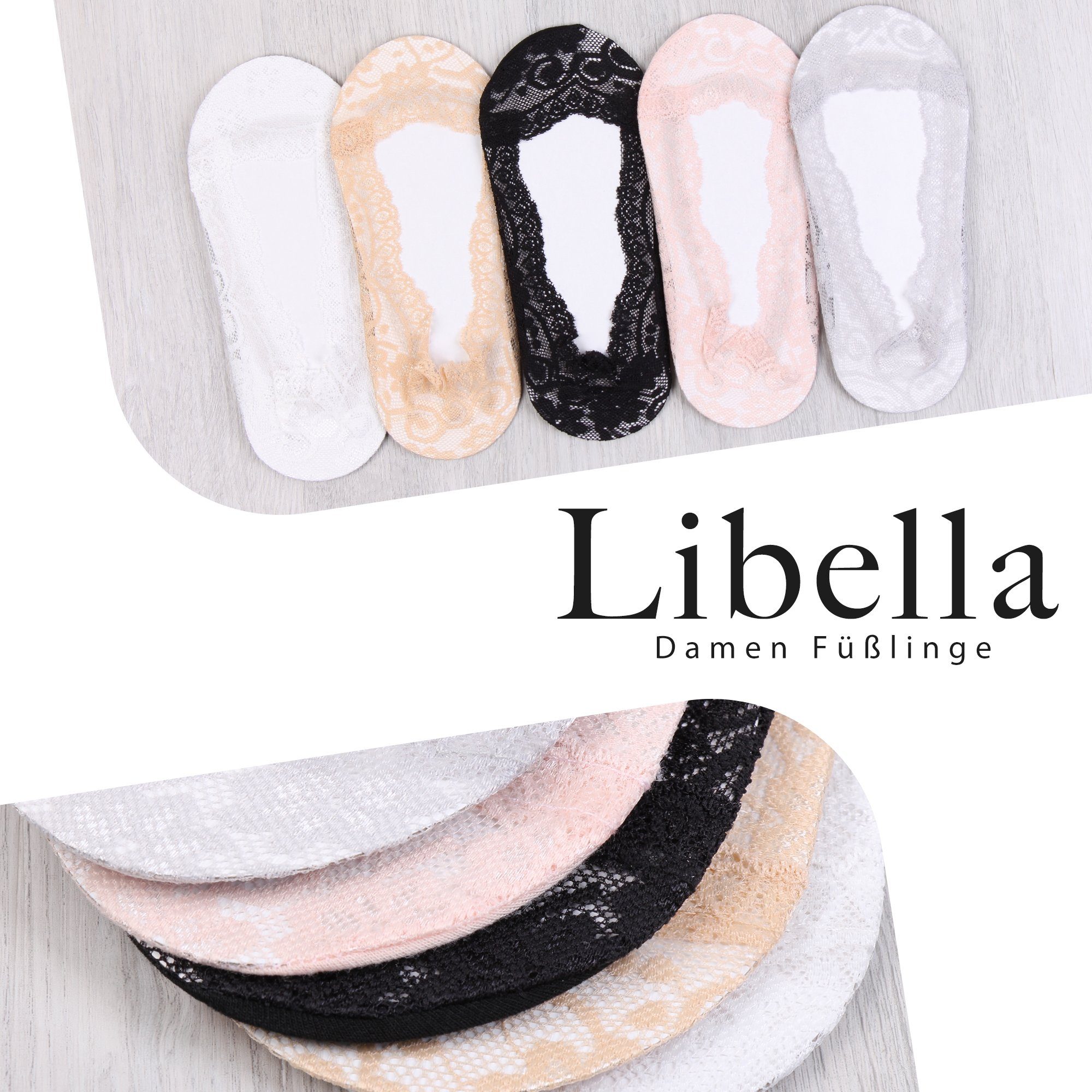 Libella Baumwolle Füßlinge Spitze Füßlinge 2012-2148 Rutschfest Atmungsaktiv (10er-Pack) 2024-Schwarz/Weiß/Beige