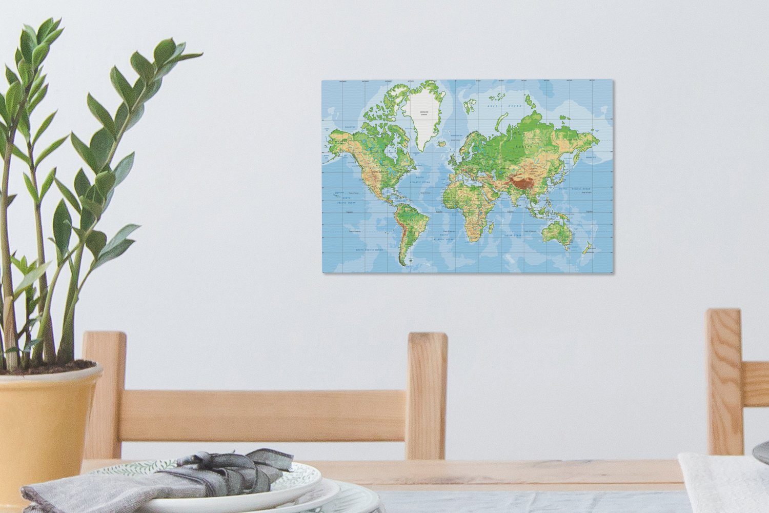 OneMillionCanvasses® Leinwandbild Weltkarte - Atlas Topographie, cm Aufhängefertig, Wanddeko, 30x20 (1 Wandbild - Leinwandbilder, St)