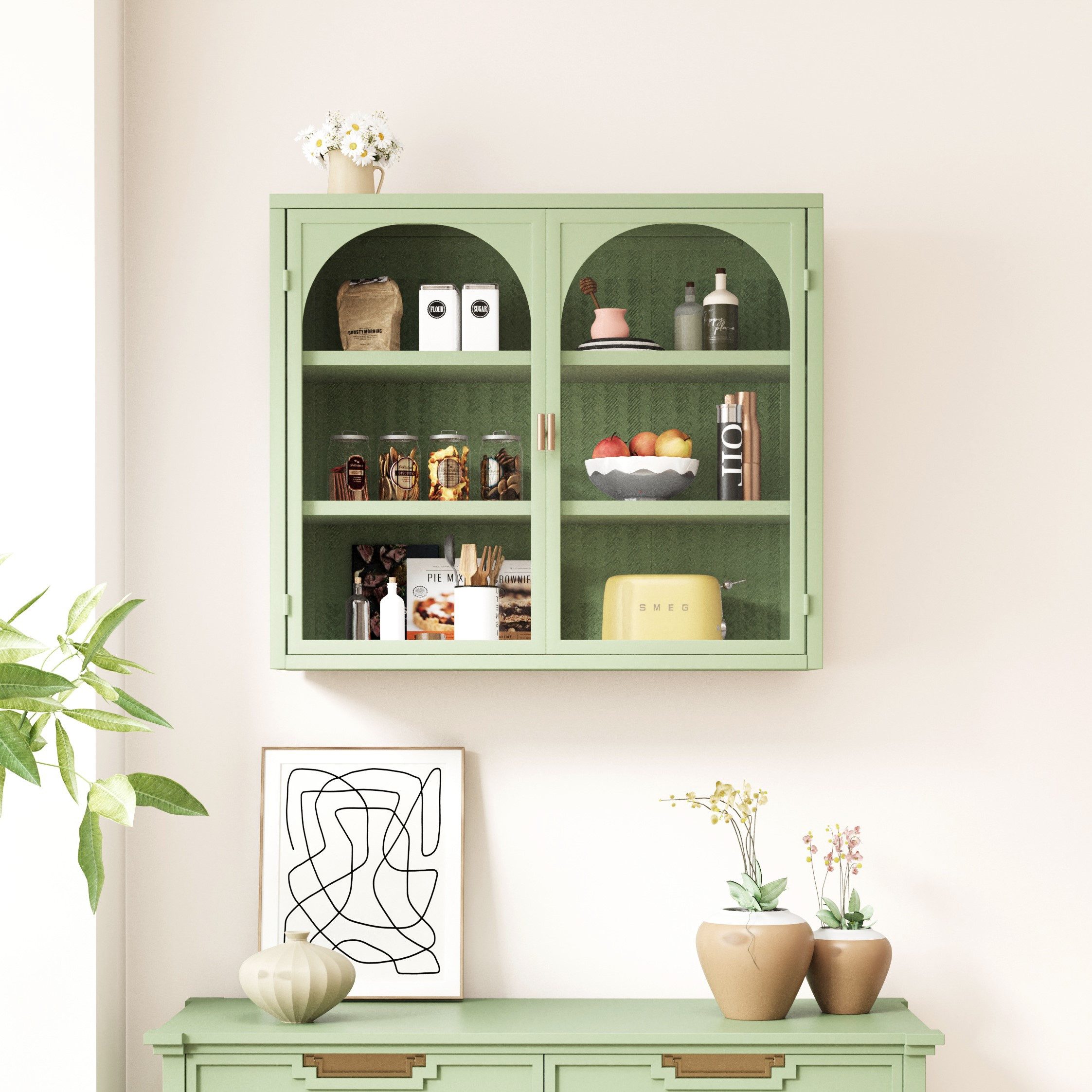 FANNOU Hängeschrank mit dreistufiger Lagerung, 70 x 60 x 23 cm Glastüren Moderner zweitüriger Wandschrank für Eingangsbereich, Küchen