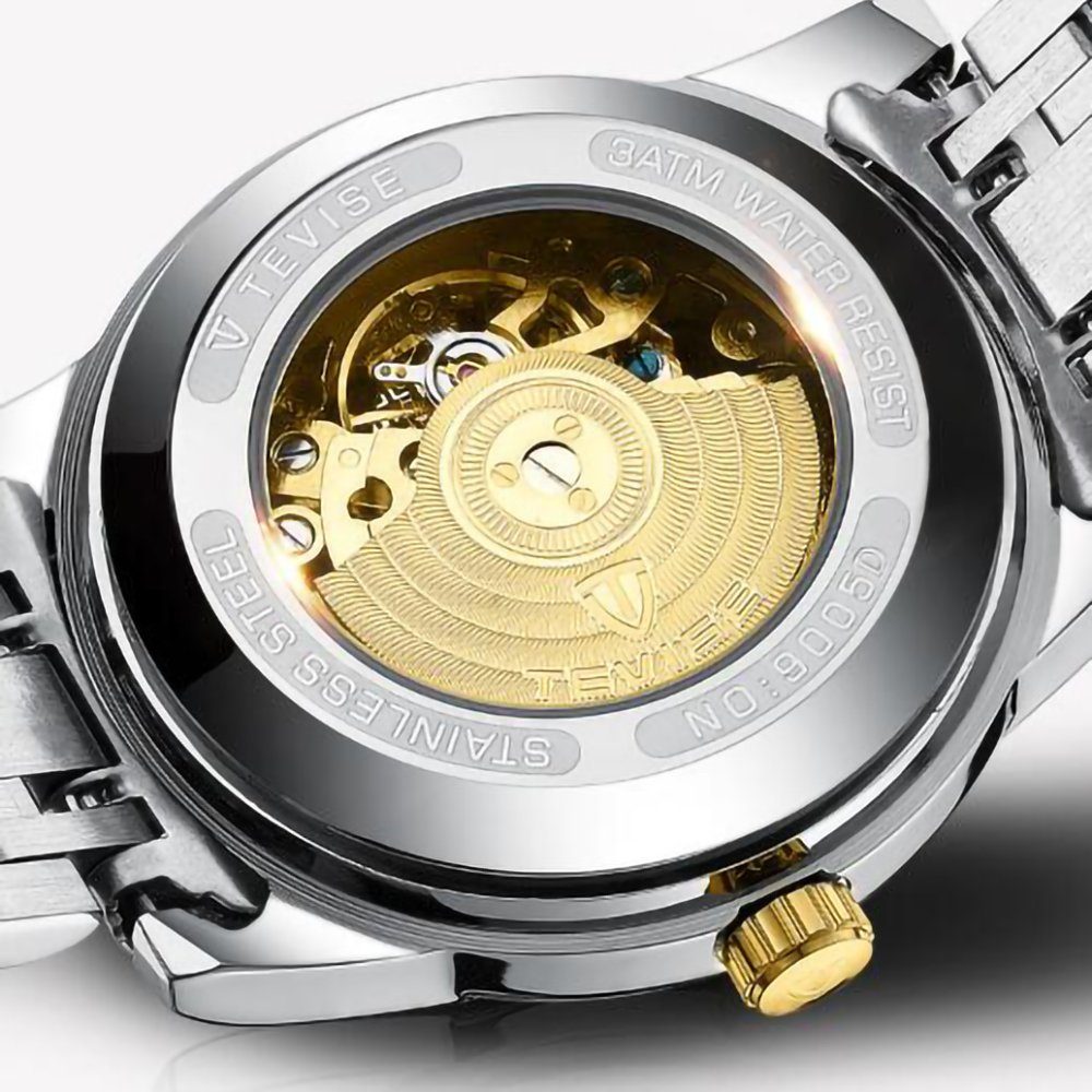 GelldG Uhr Wasser- Automatik, Armbanduhr, Herren Kratzfest, Uhr mechanische Gold, Schwarz und