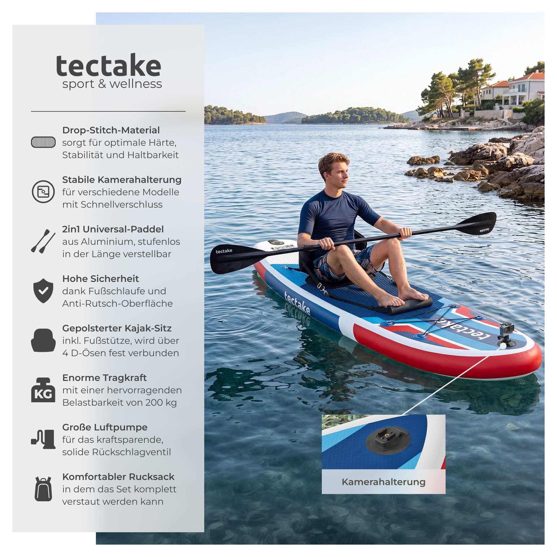 tectake SUP-Board Aufblasbares Paddle-Board mit Kamerahalterung, Kajak-Sitz, Stand-up Paddle, (Stand up Paddle Board Poseidon, in Rot/blau), Inkl. Zubehör, stabiles Komplettset bis 200 kg
