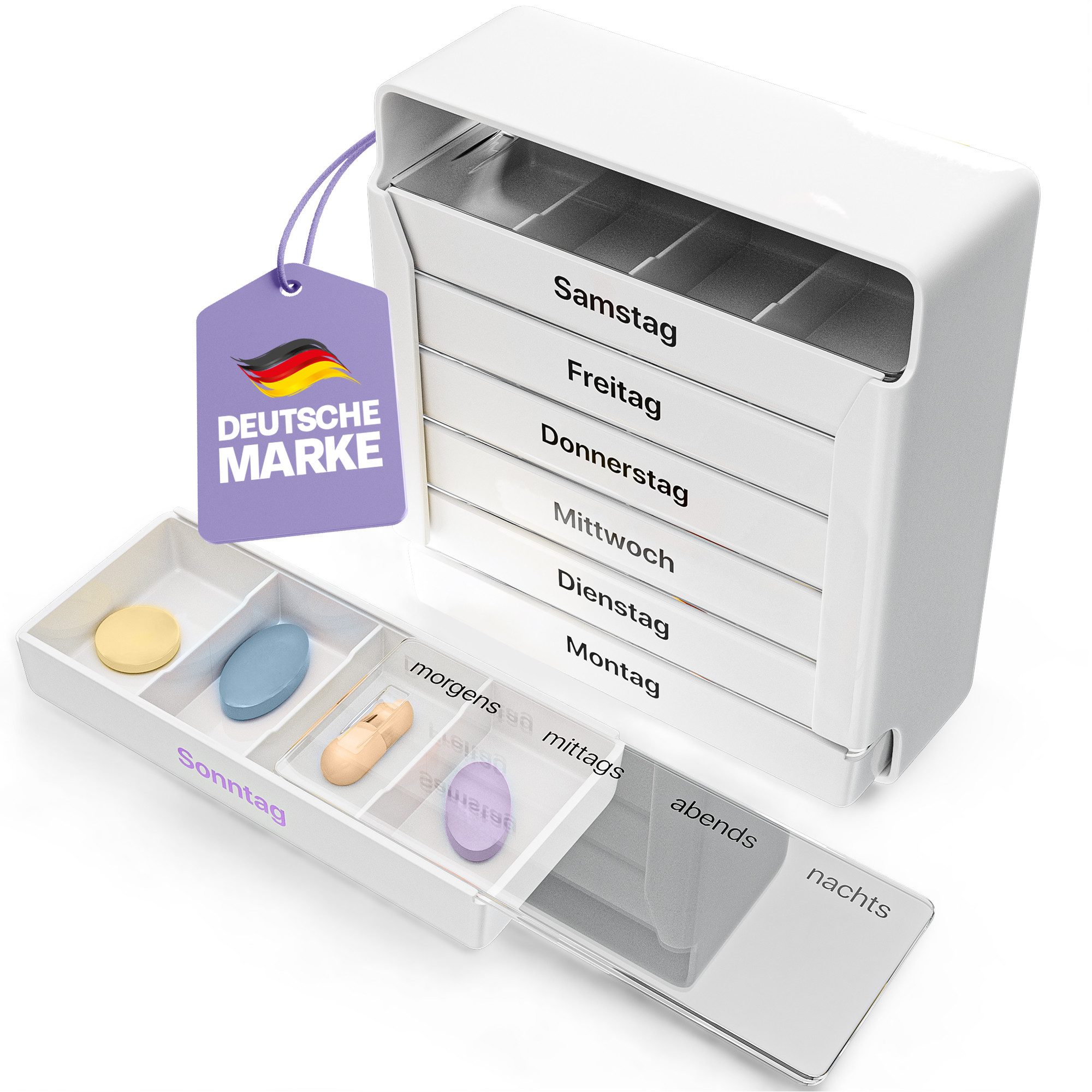 Senomed Pillendose Tablettenbox Weiß 7 Tage mit 4 Fächern pro Tag – Wochendosierer, Hochwertig, Langlebig, Robust