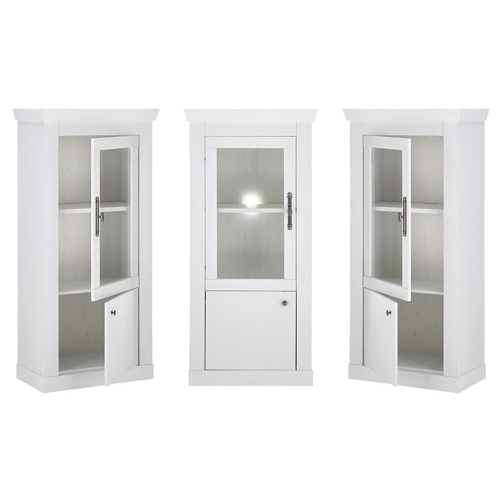 Lomadox Wohnwand RAPLA-61, (3-St., Wandboard Lowboard Vitrine halbhoch), mit LED-Beleuchtung, Pinie weiß, Landhaus Stil