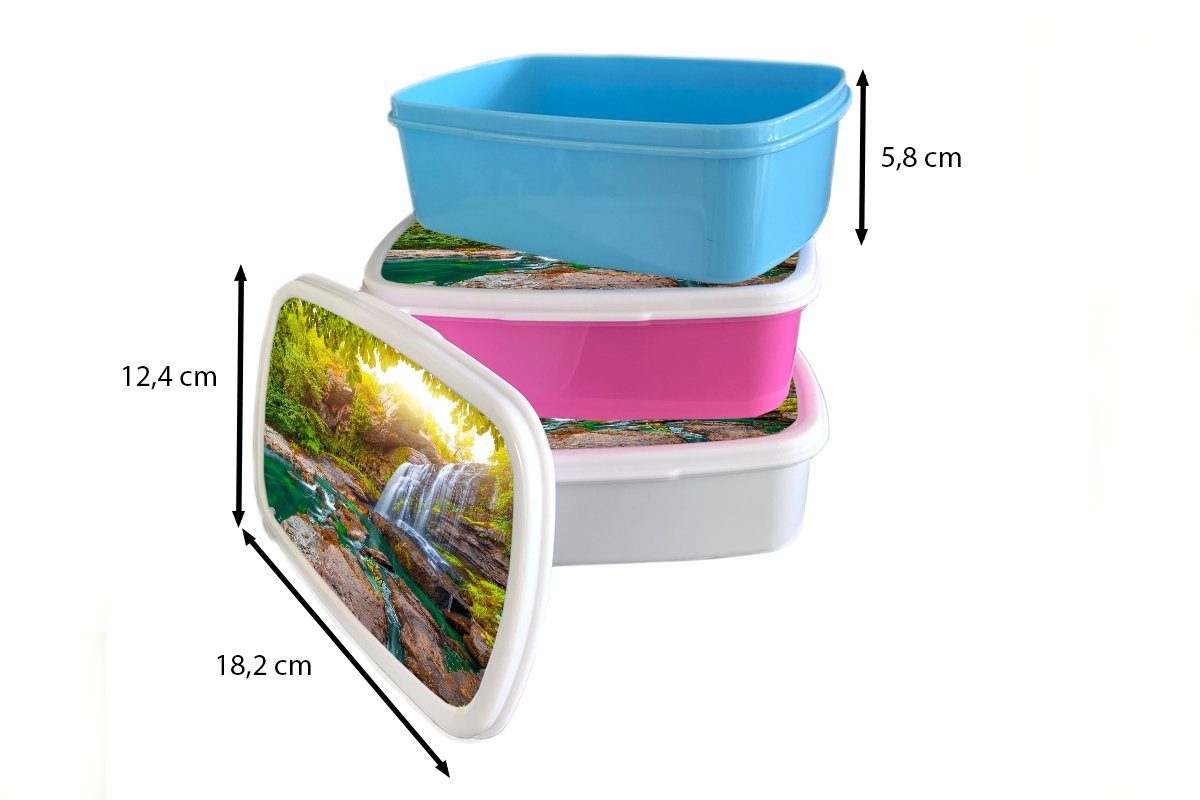 MuchoWow Lunchbox Natur - Wasserfall (2-tlg), Erwachsene, für Kunststoff Brotdose Kinder, - Brotbox Kunststoff, Mädchen, Pflanzen - Bäume Snackbox, Sonne, - rosa