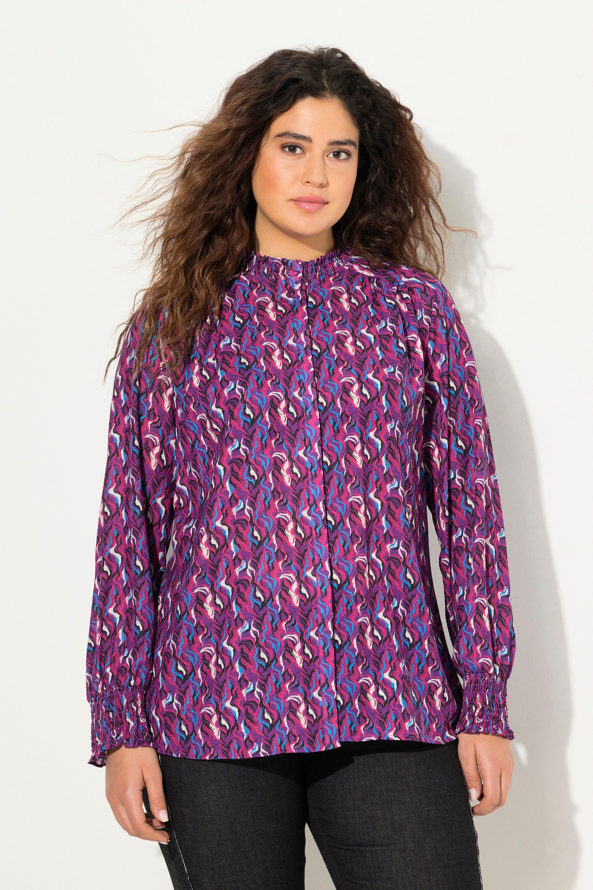 Satinbluse Bluse Smok-Details A-Linie Stehkragen Langarm