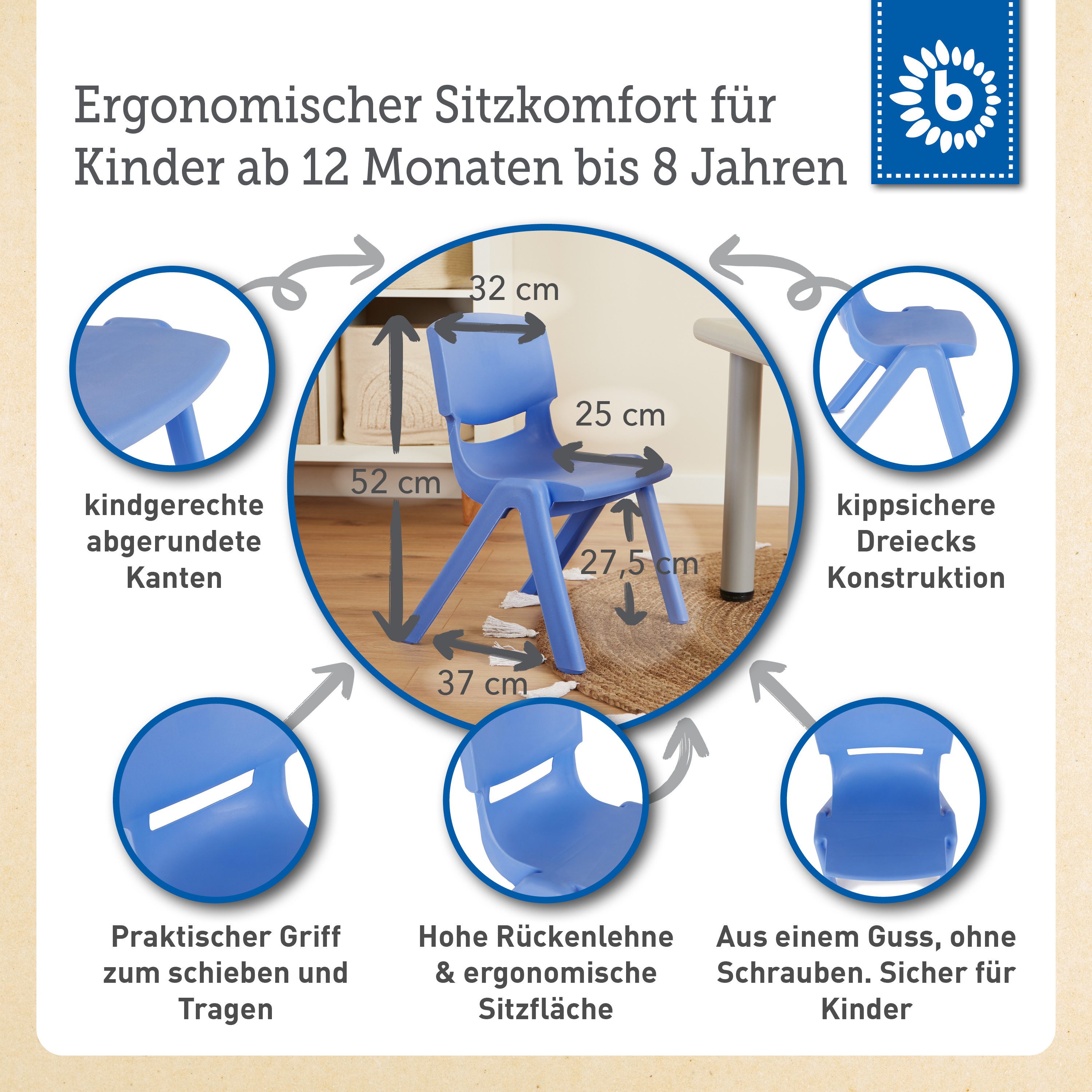 BIECO Stuhl Bieco Kinderstuhl bis 80 kg belastbar, stapelbar & kippsicher Stuhl – Bild 3 von 5