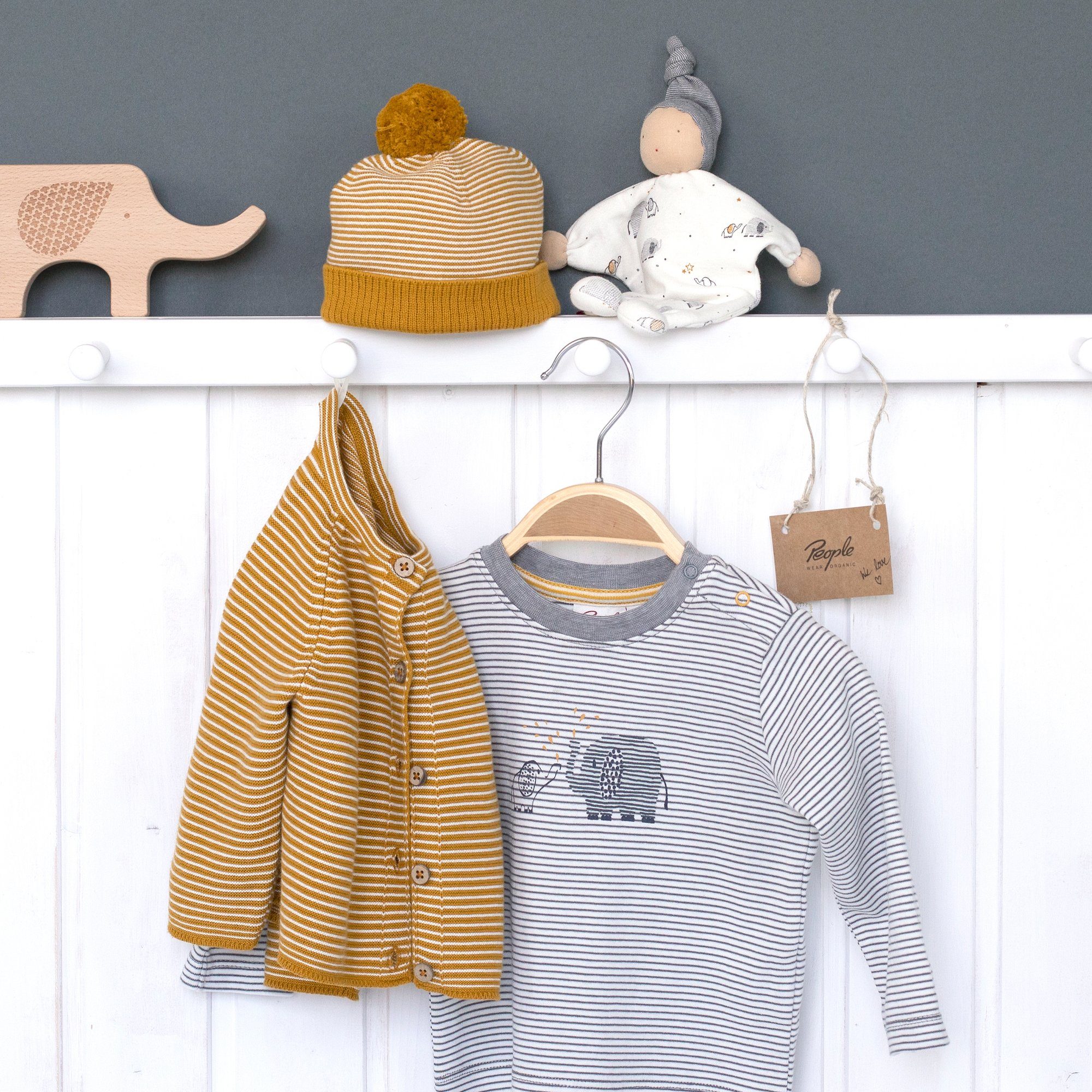 People Wear Organic Langarmshirt "Elefant", weiß geringelt/bedruckt, 100% Baumwolle (bio) Bio Baumwolle