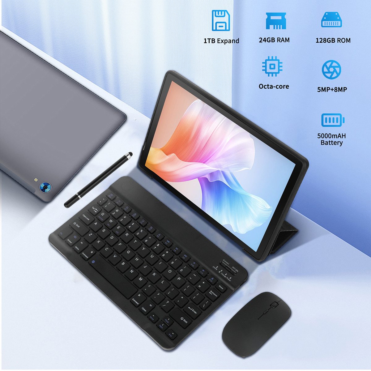 Happybe 10'' 128GB 8-in-1 Kit mit Tastatur, Stift und Hülle Set Android 15/16 Tablet (10", 128 GB, Android 15, Widevine L1, mit Blaulichtfilter, WLAN 6 BT 5)