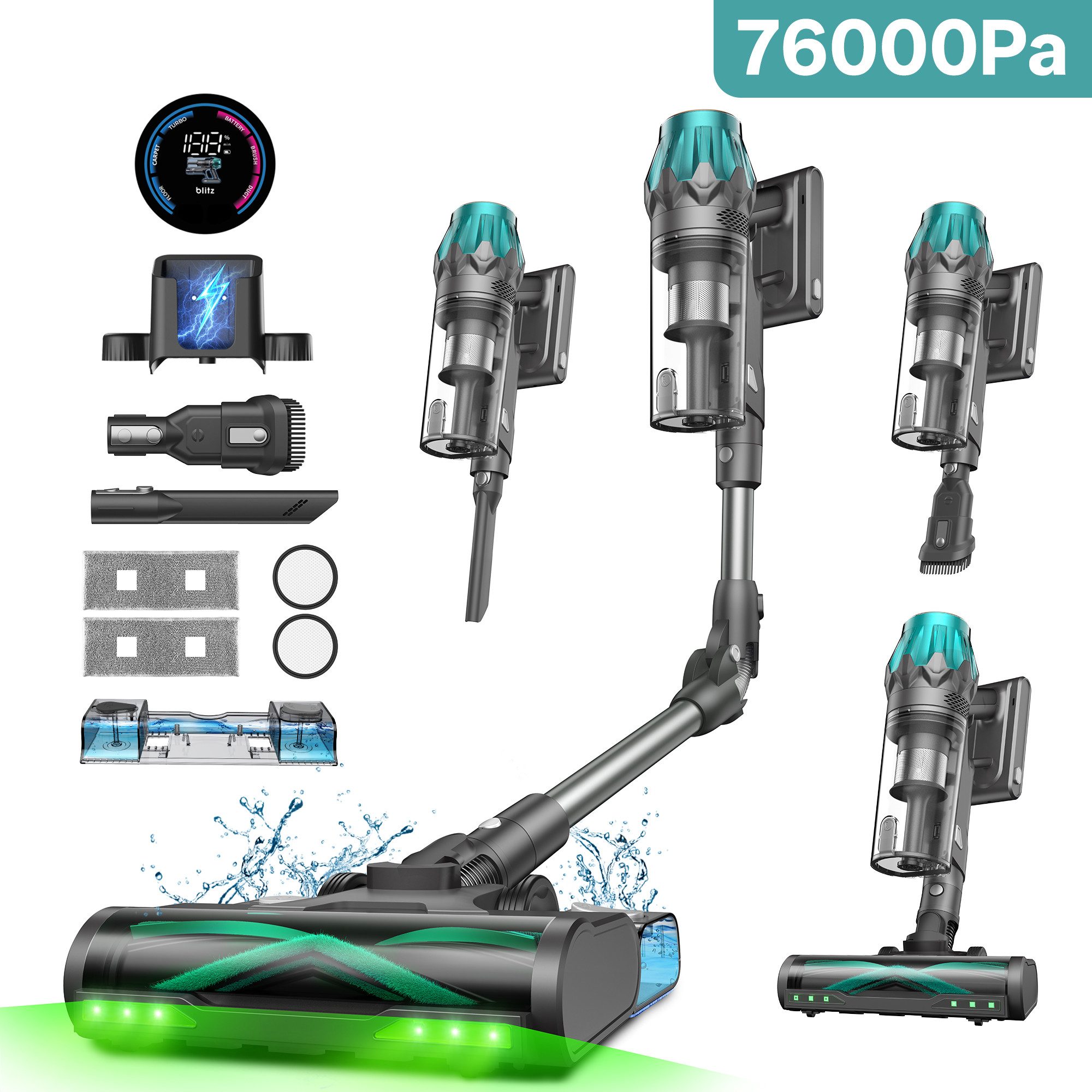 Vactidy Akku-Hand-und Stielstaubsauger V15 Max Saugen und Wischen in 1,76000PA/600W, 600 W, beutellos, DualGreen Dual-Grünlicht-Erkennungstechnologie, 7-Zyklon-Technologie