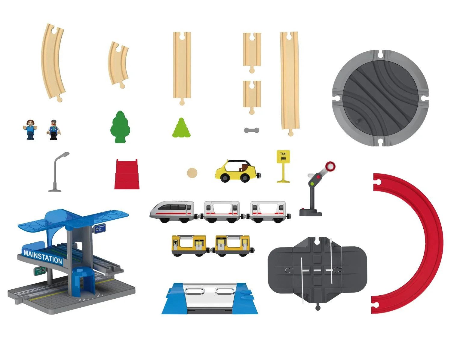 lupilu Spielzeug-Eisenbahn Eisenbahn Holz Spielzeug Licht- & Soundeffekt City Express, (Spielset, 51-tlg., Zug mit 2 Waggons, 2-geschossiger Bahnhof, 3 Spielstationen), Licht Sound 2 Etagen Bahnhof