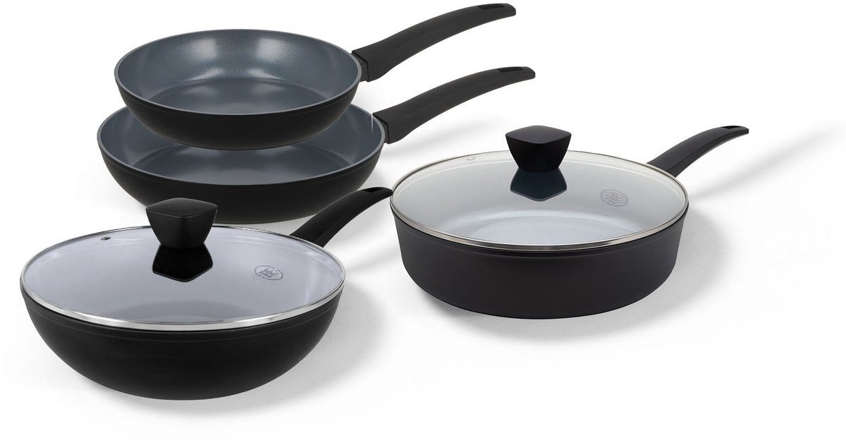 BE Living Pfannen-Set Delight-Serie 4-teilig Ø 24/28 cm mit Wok Sauteuse PFAS-frei, Edelstahl (Set, 4-tlg., Ø 24/28 cm, mit Wok und Sauteuse), PFAS-freie Keramik-Antihaftbeschichtung, induktionsgeeignet