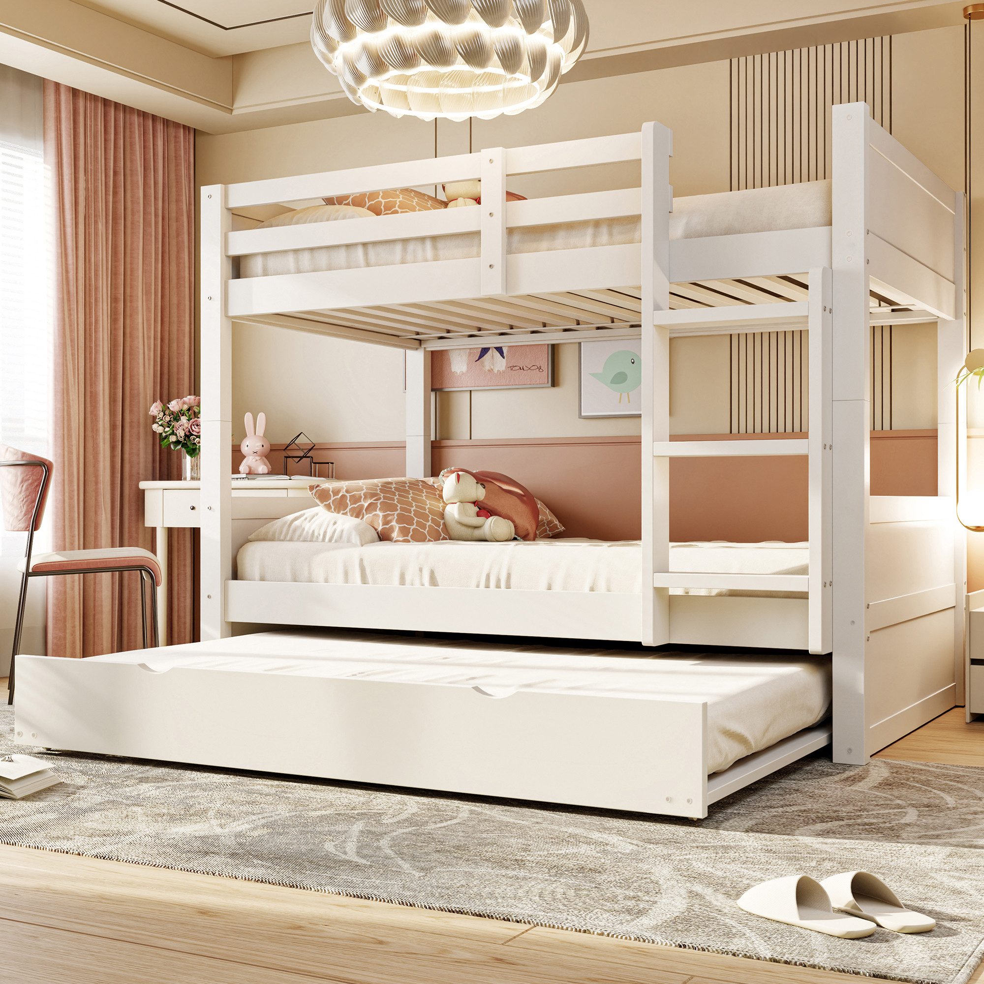 Celya Etagenbett Doppelbett aus Holz mit ausziehbarem Bettrahmen (ohne Matratze, mit Sicherheitsgeländer, Leiter und Lattenrost), ideal für Kinderzimmer, Gästezimmer und wachsende Familien