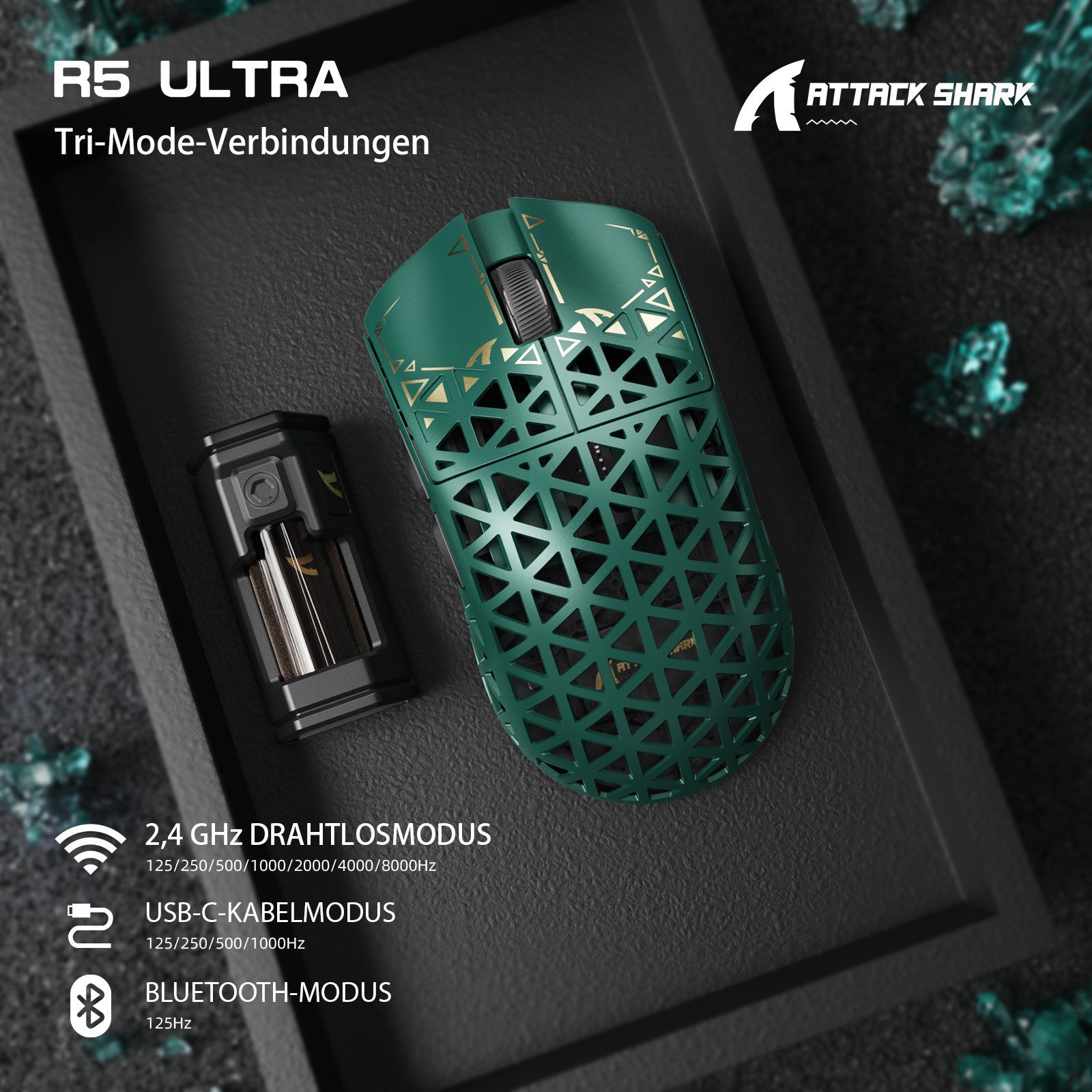 ATTACK SHARK R5 Ultra Carbonfaser Gaming-Maus,39g,8000Hz,42000 DPI,PAW3950MAX Gaming-Maus (2.4G, Bluetooth, kabelgebunden)