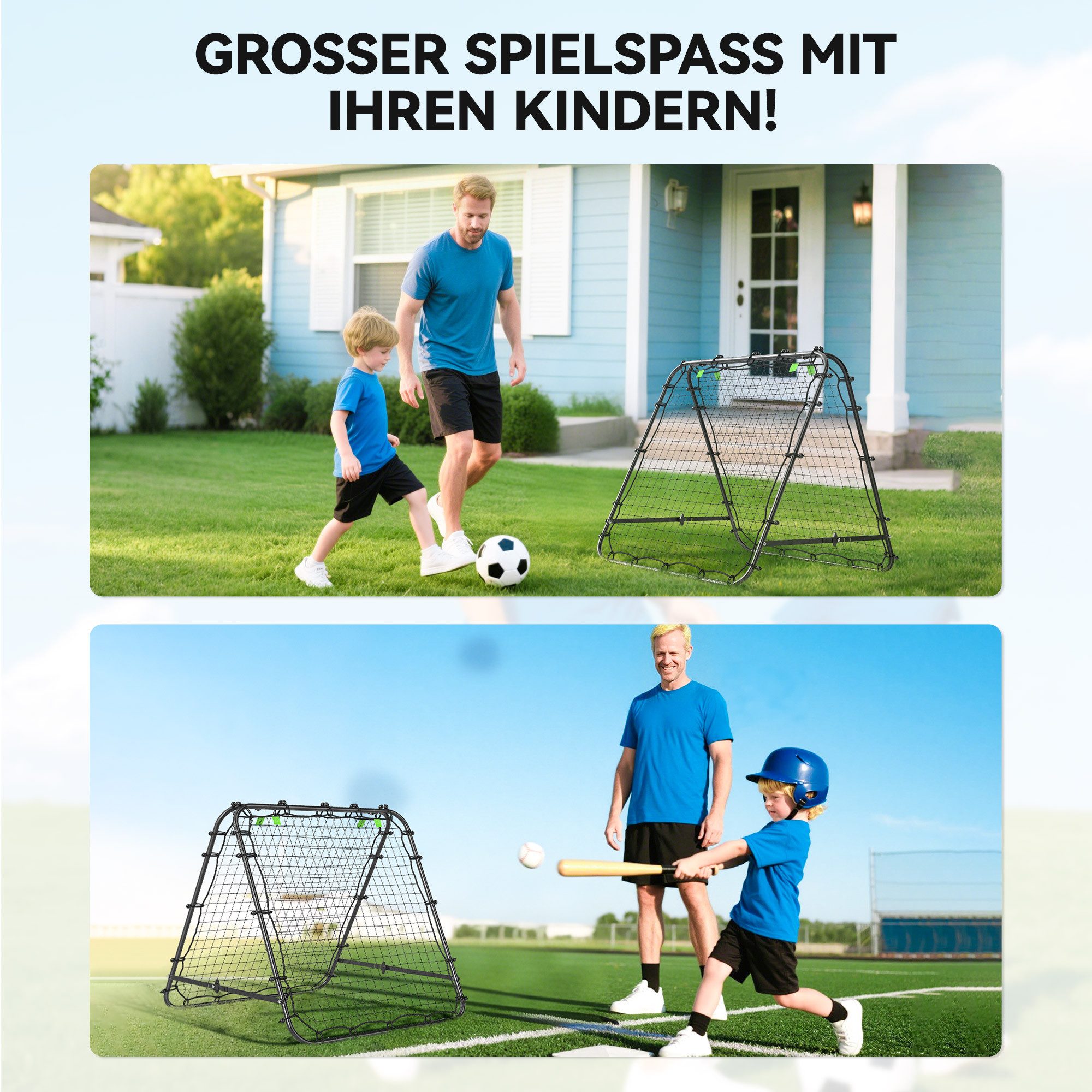 HOMCOM Rebounder beidseitiger Rückprall, Verstellbar in 5 Stufen, (Kickback Tor, 1-St., Fußball Rebounder), für Fußball Training Stahl Schwarz 100 x 95 x 90 cm
