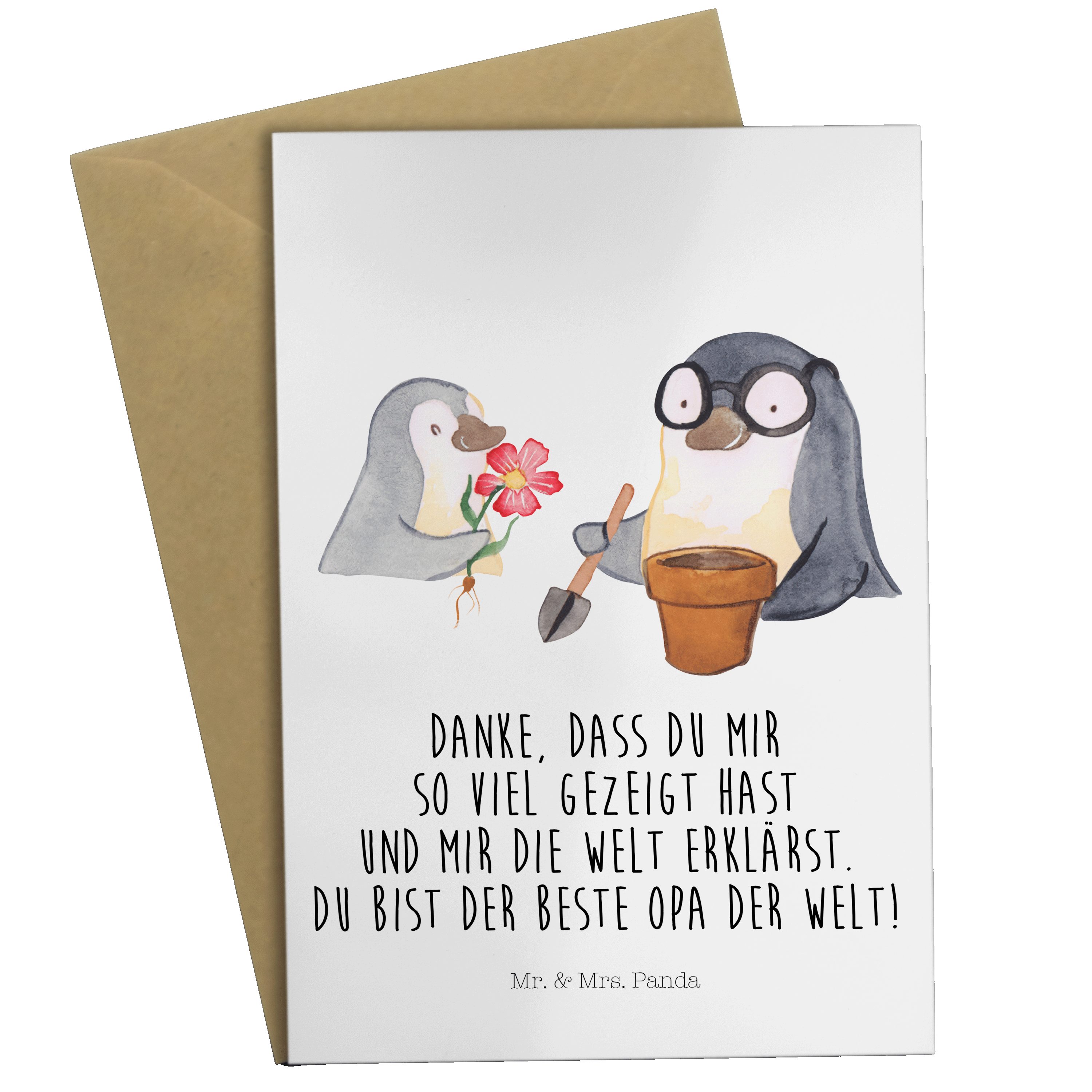 Pinguin Mr. Opi, Blumen Opa B Geschenk, Panda - Grußkarte - Hochzeitskarte, Mrs. Weiß & pflanzen