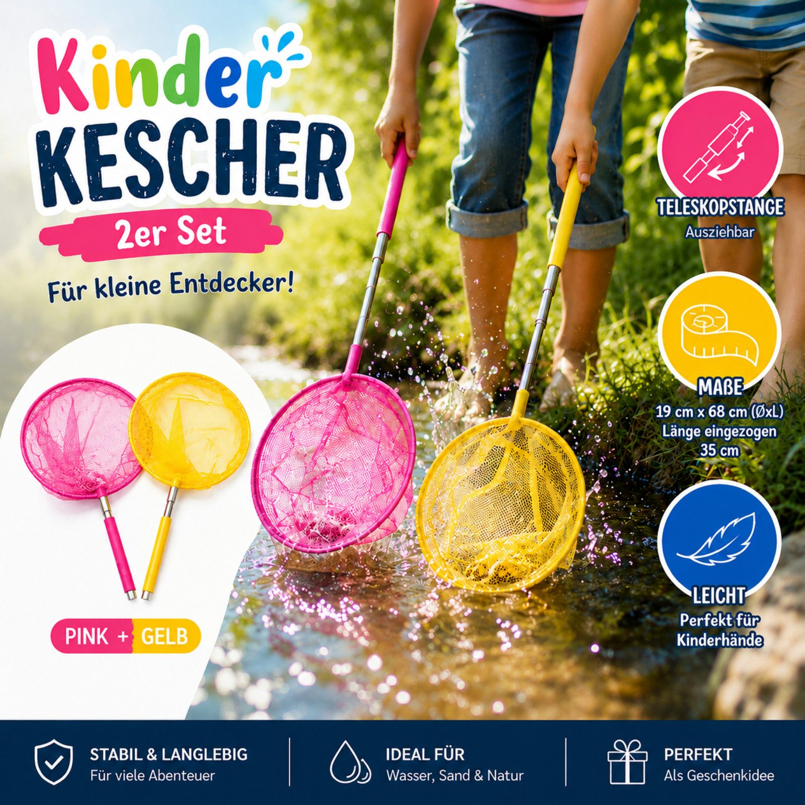 Koopman Kescher Strandspielzeug 19x35 cm KLEIN 2 er Set (Set, 2-St., Packung), 2er Set, Teleskopstiel, Pink + Gelb, ausziehbar, Kinder