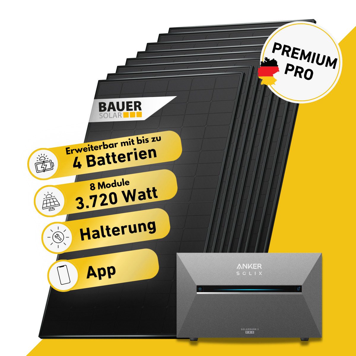 Balkonkraftwerk PREMIUM Pro 3720 Watt Solaranlage mit Speicher Komplettset Bifazial