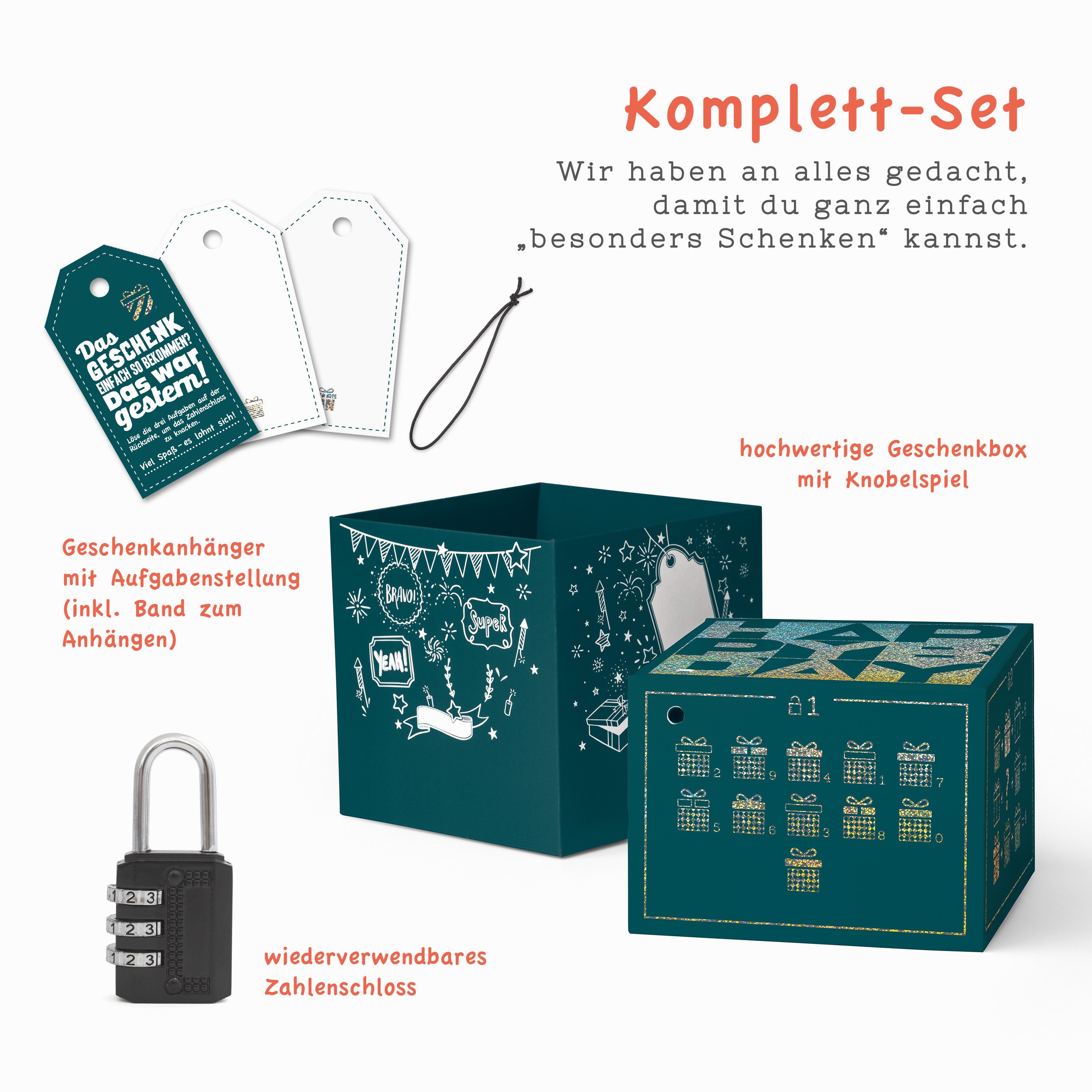 SURPRISA Geschenkbox Rätsel-Geschenkbox Happy Birthday mit Glitzer, originelle Geburtstagsbox mit Zahlenschloss zum Geburtstag